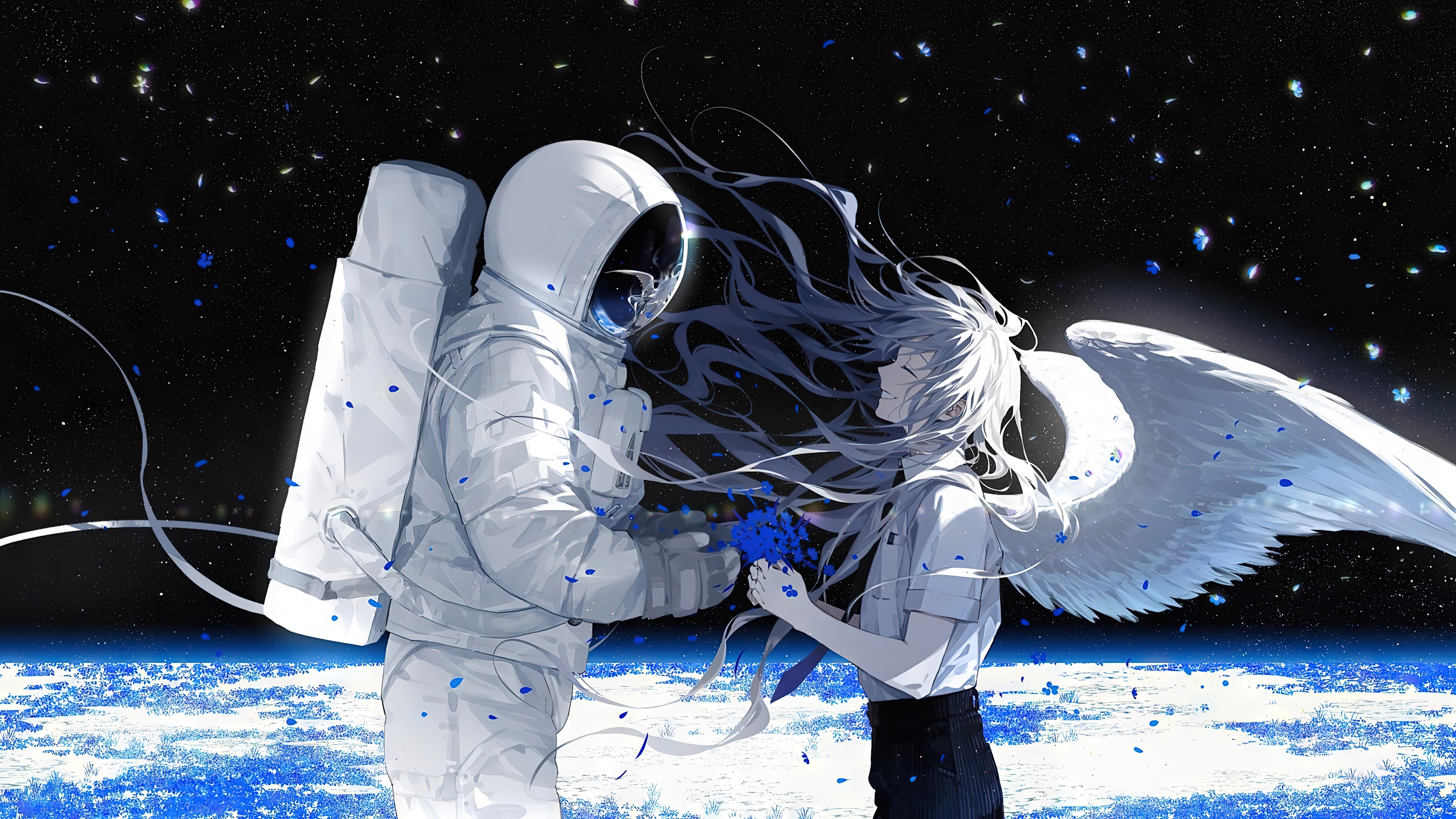 Anime Astronaut and Angel in Space 4K HD Wallpaper