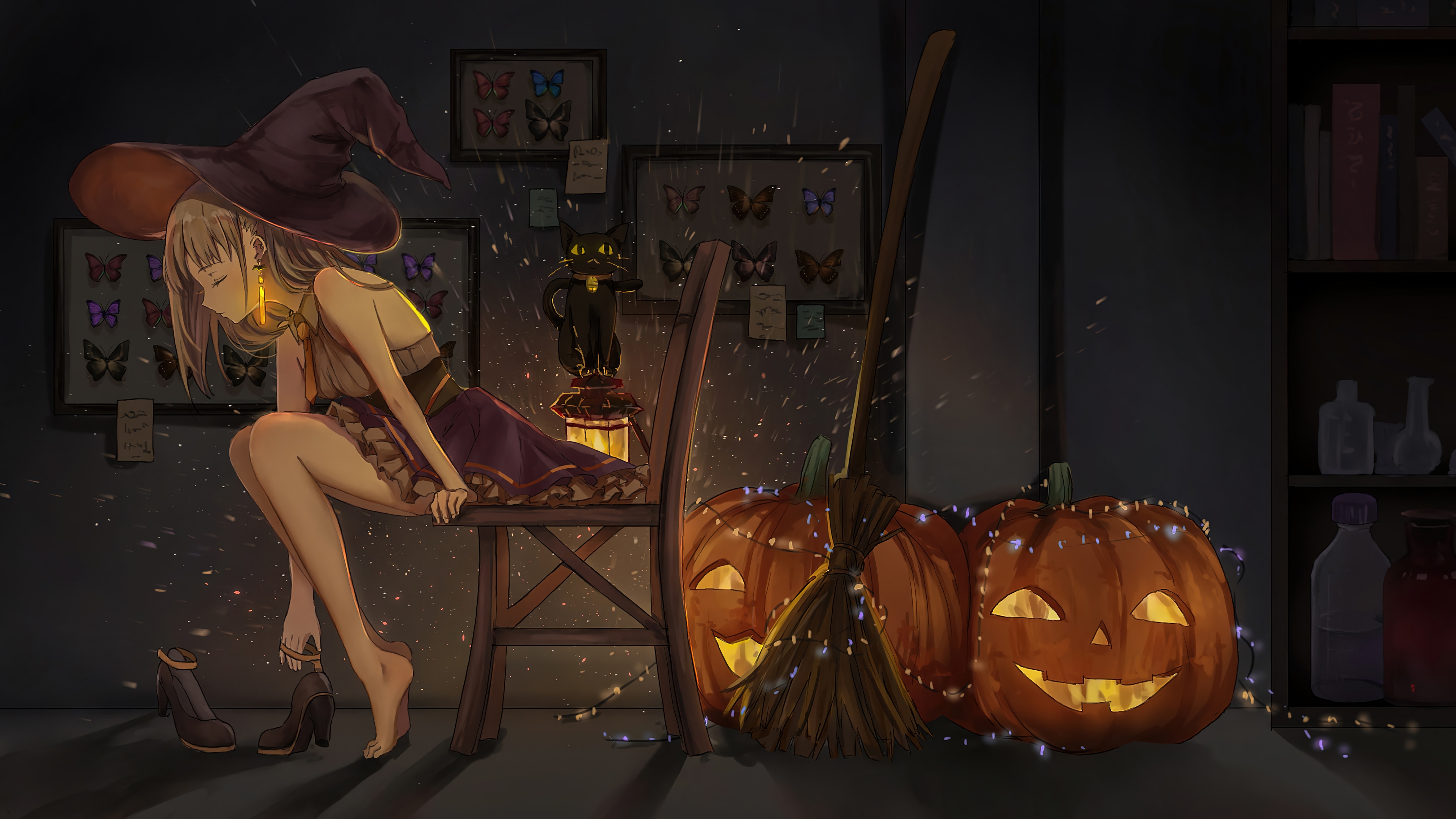 Witch with Cat and Pumpkins for Halloween 4K HD Wallpaper