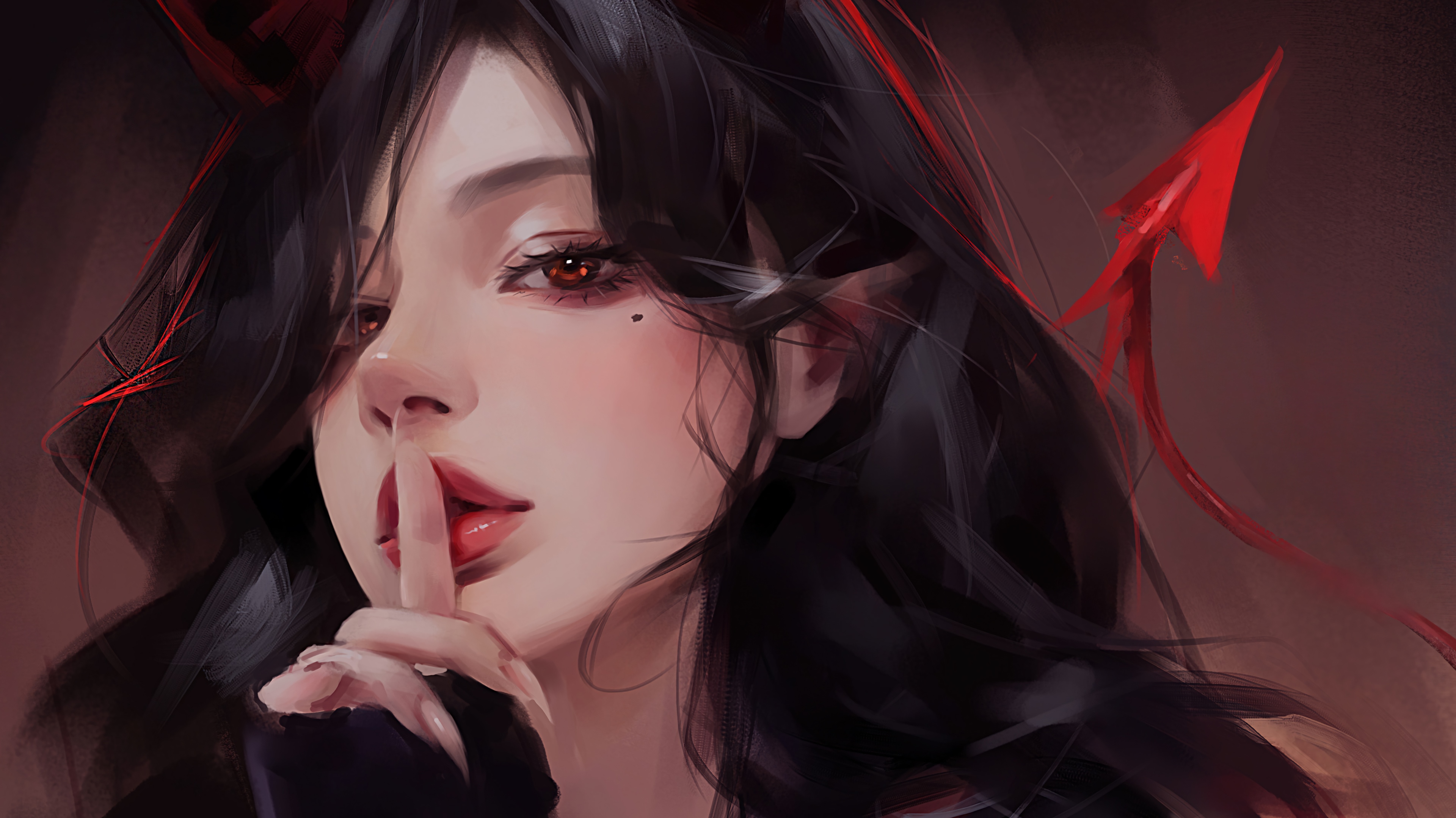 Beautiful Demon Girl with Red Horns and Tail 4K HD Wallpaper