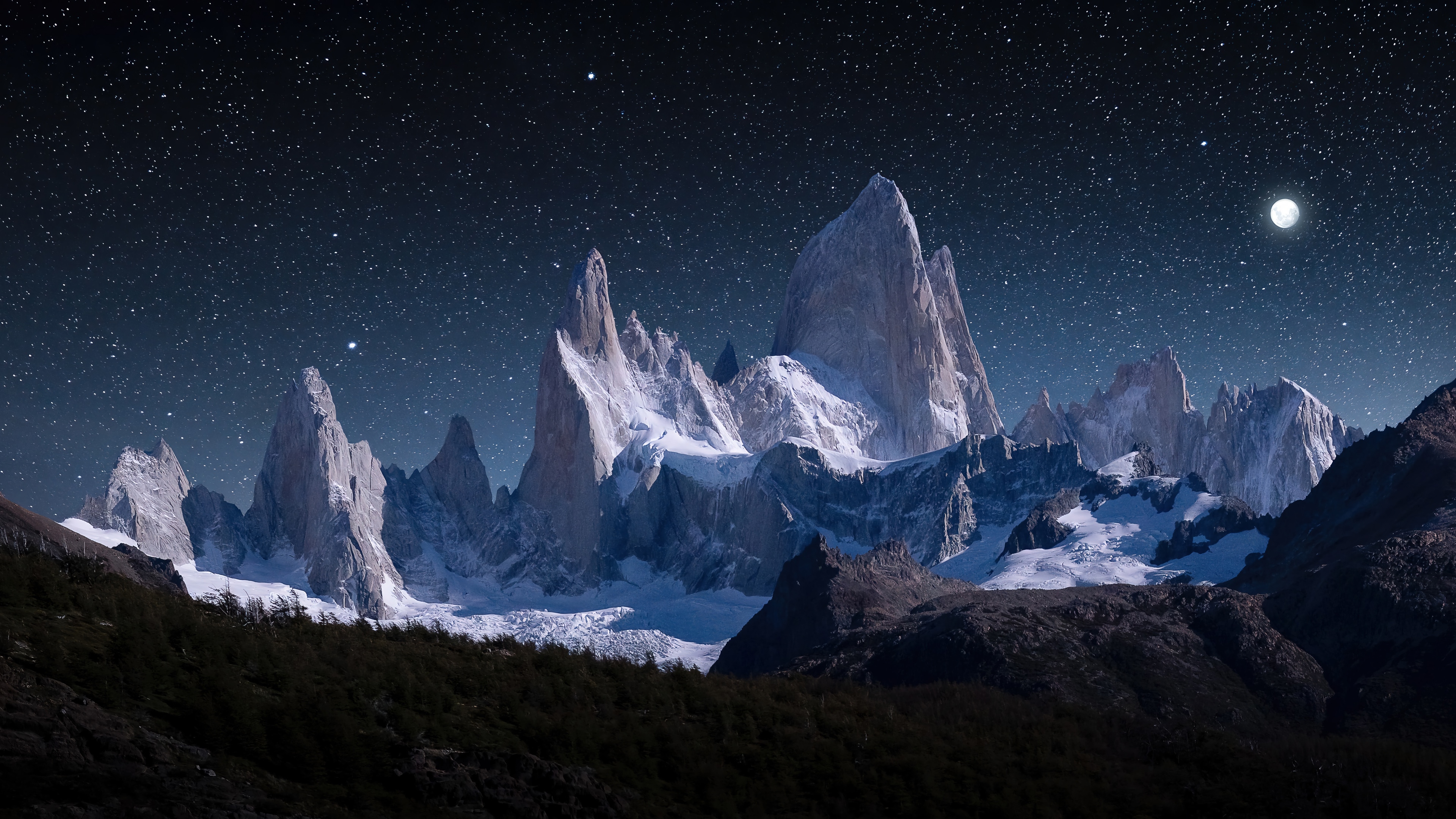 Snowy mountains under a starry night sky with moon HD Wallpaper