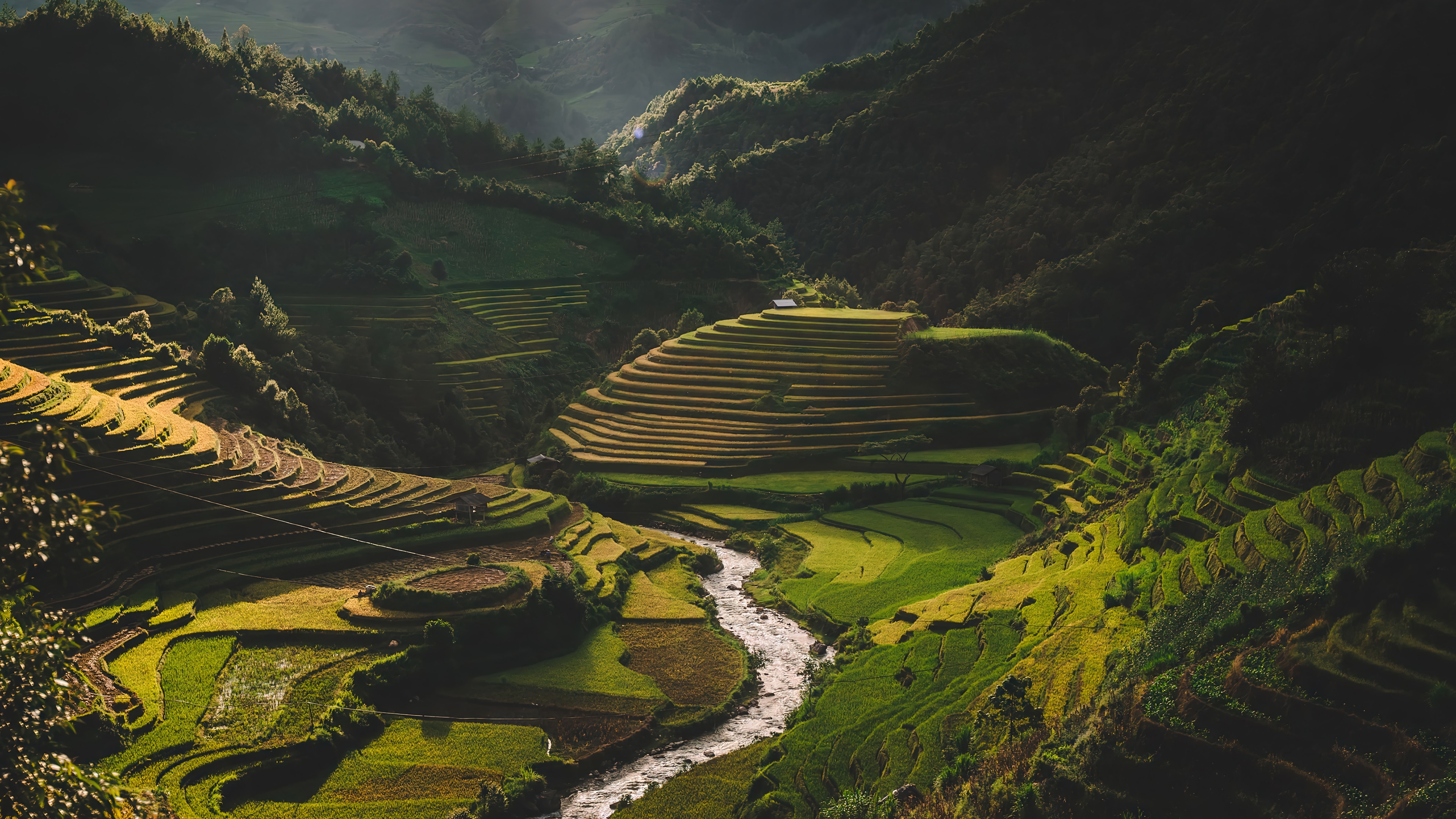 Terraced Fields and River in Mountain Scenery 4K HD Wallpaper
