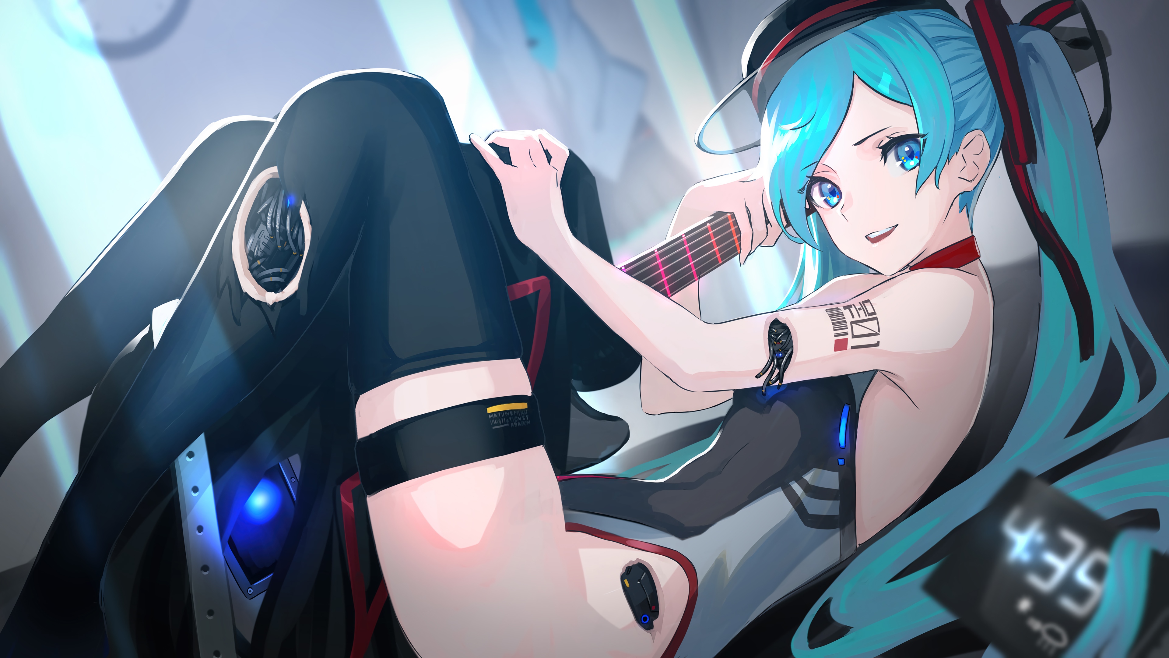 Hatsune Miku with Guitar and Cyborg Elements 4K HD Wallpaper