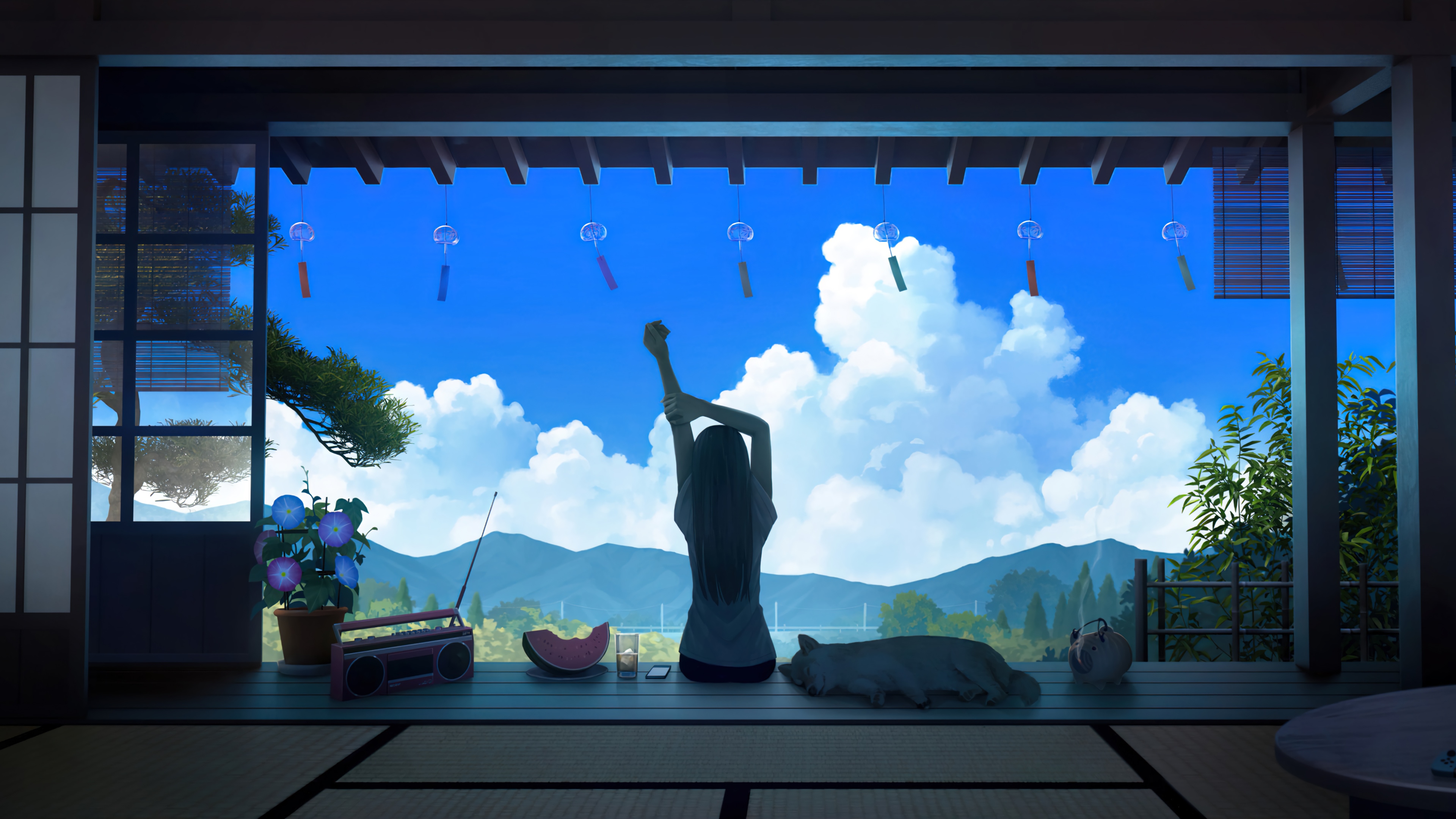 Anime girl stretching on a porch with a dog and a view HD Wallpaper