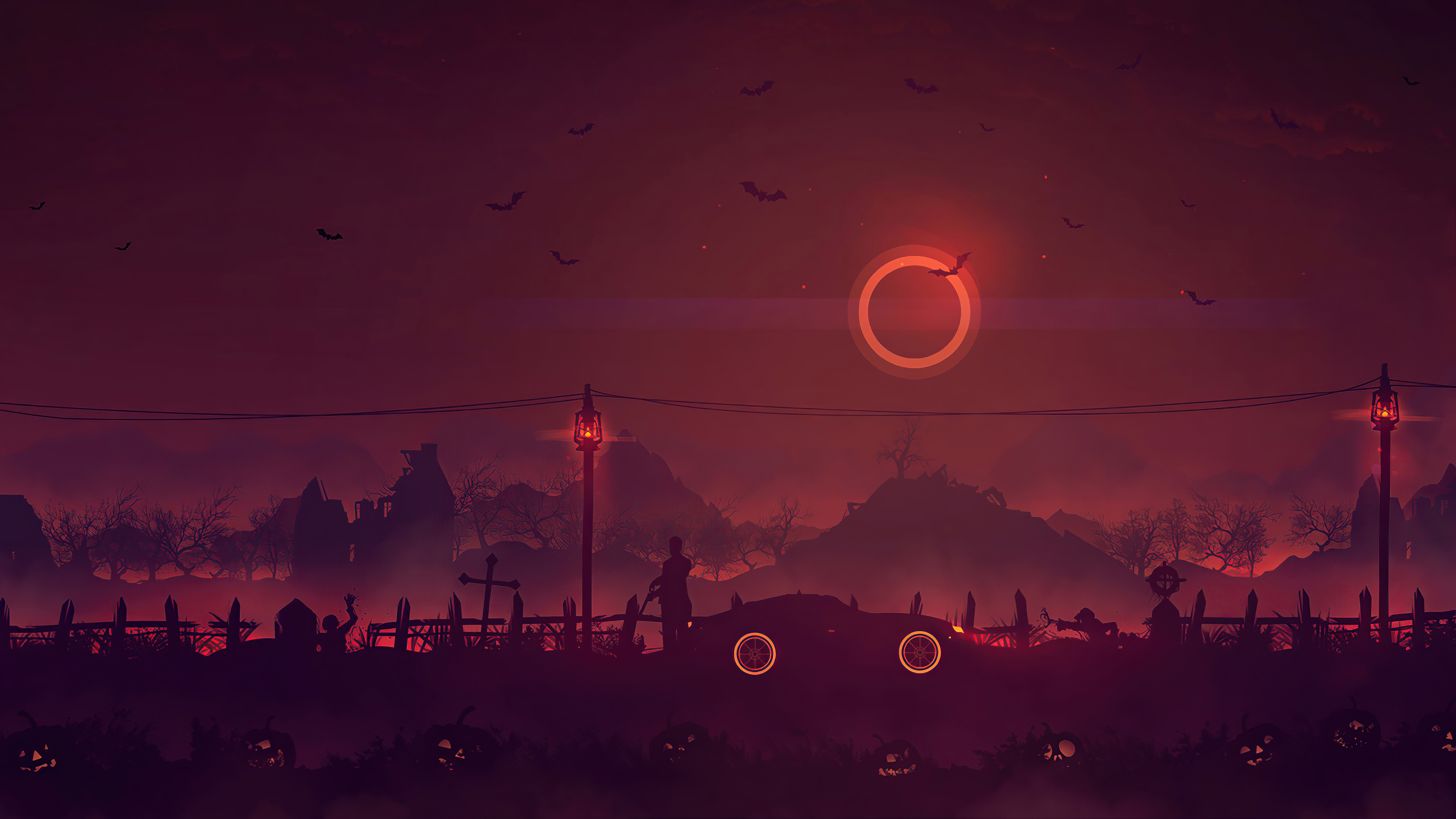 Halloween Graveyard with Car and Bats 4K HD Wallpaper