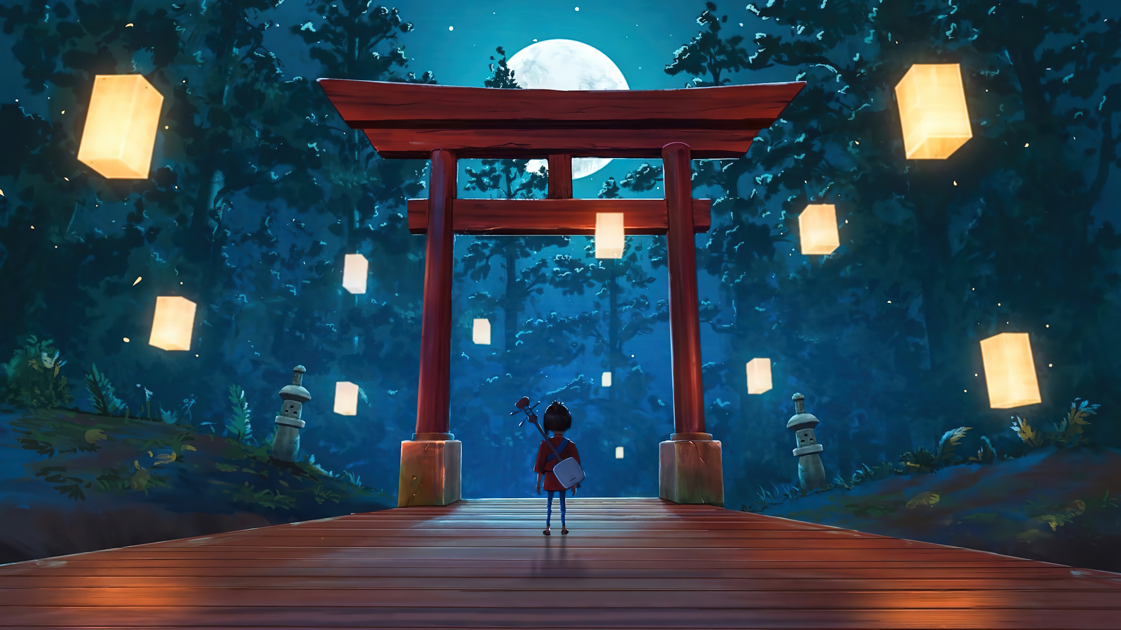 A girl stands before a Japanese shrine with lanterns HD Wallpaper