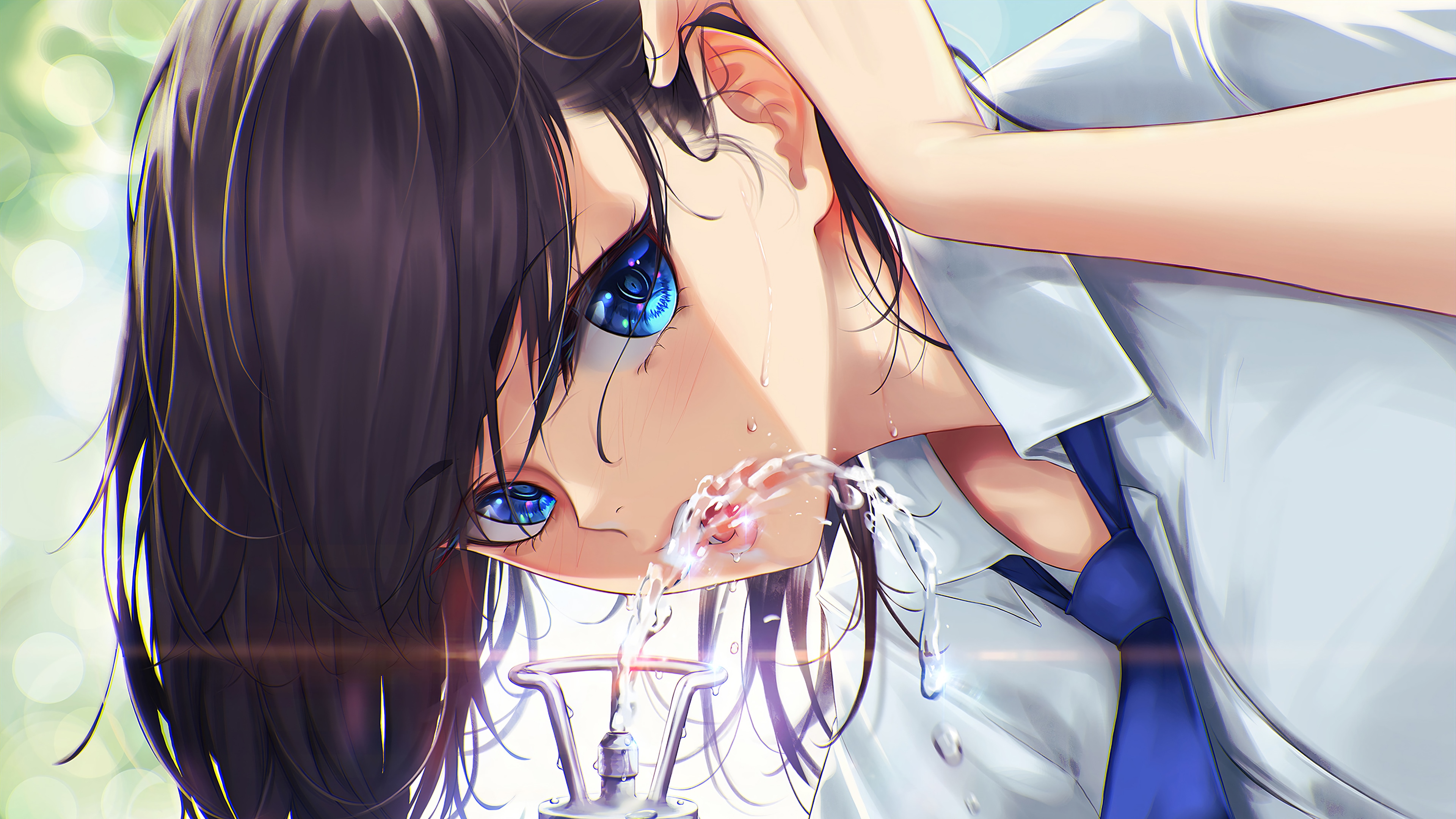 Anime Girl Drinking Water from a Fountain 4K HD Wallpaper