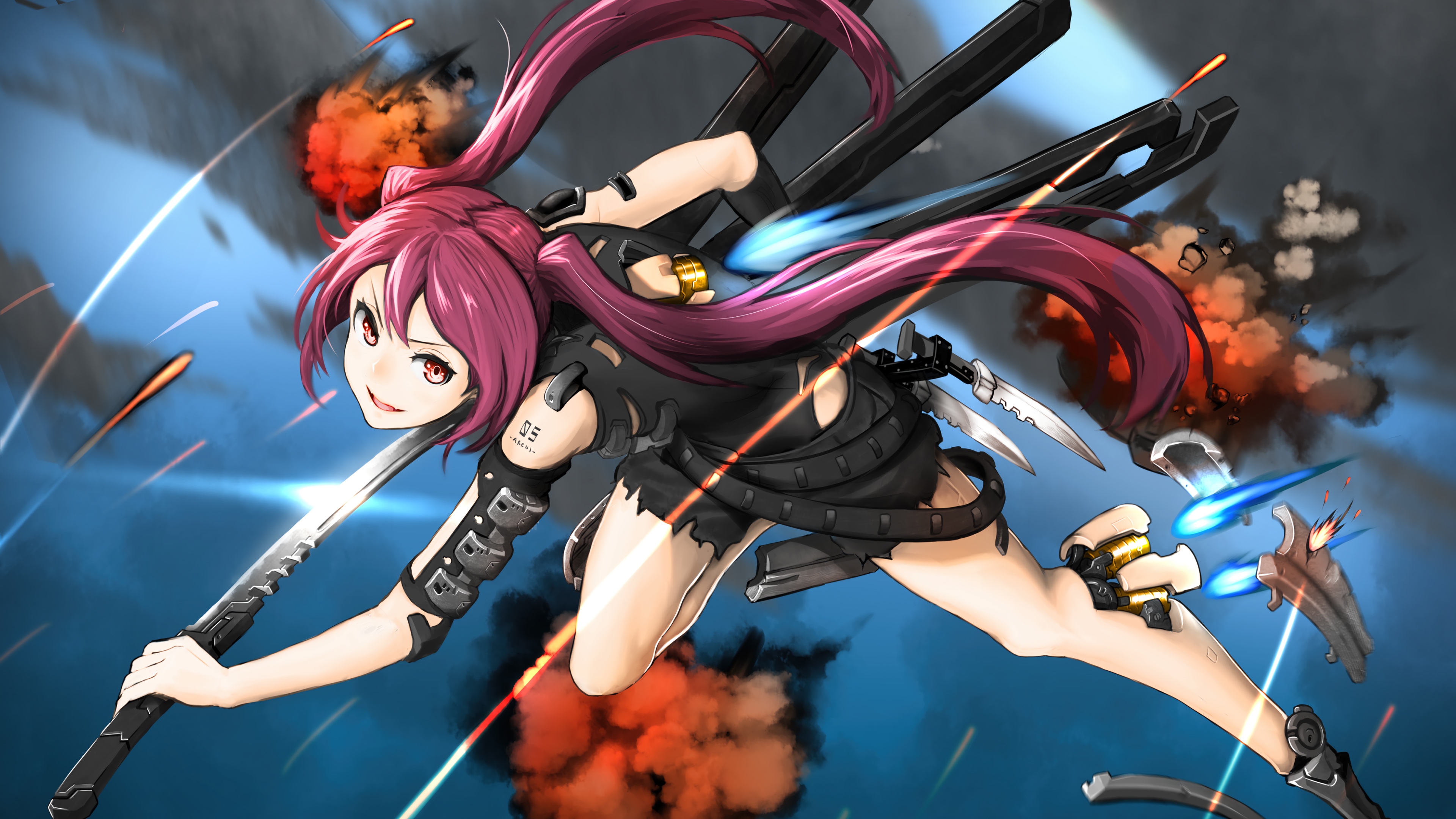 Anime Girl with Katana and Cyborg Arm HD Wallpaper