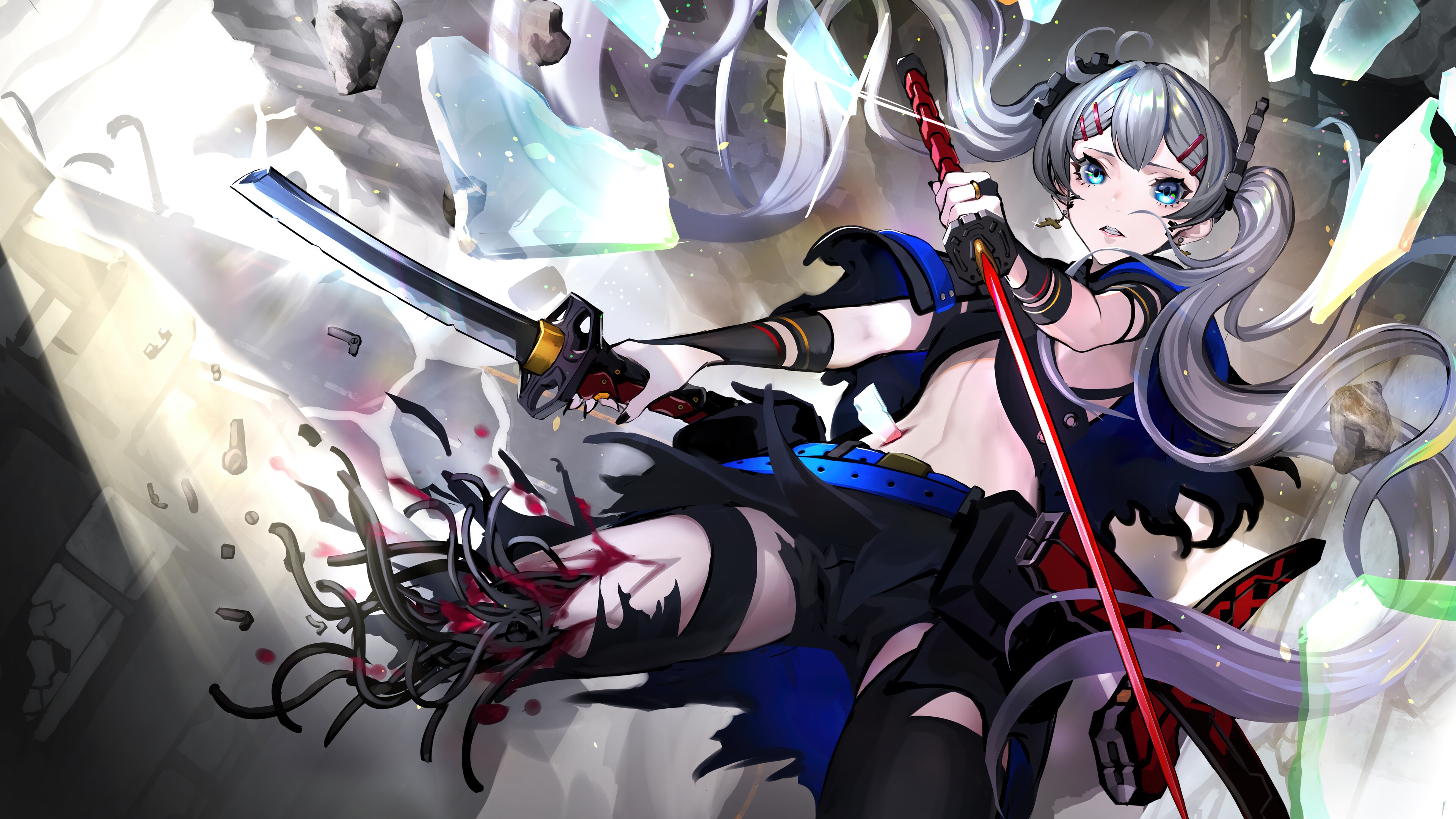 Anime Girl with Katana and Cyborg Limbs HD Wallpaper