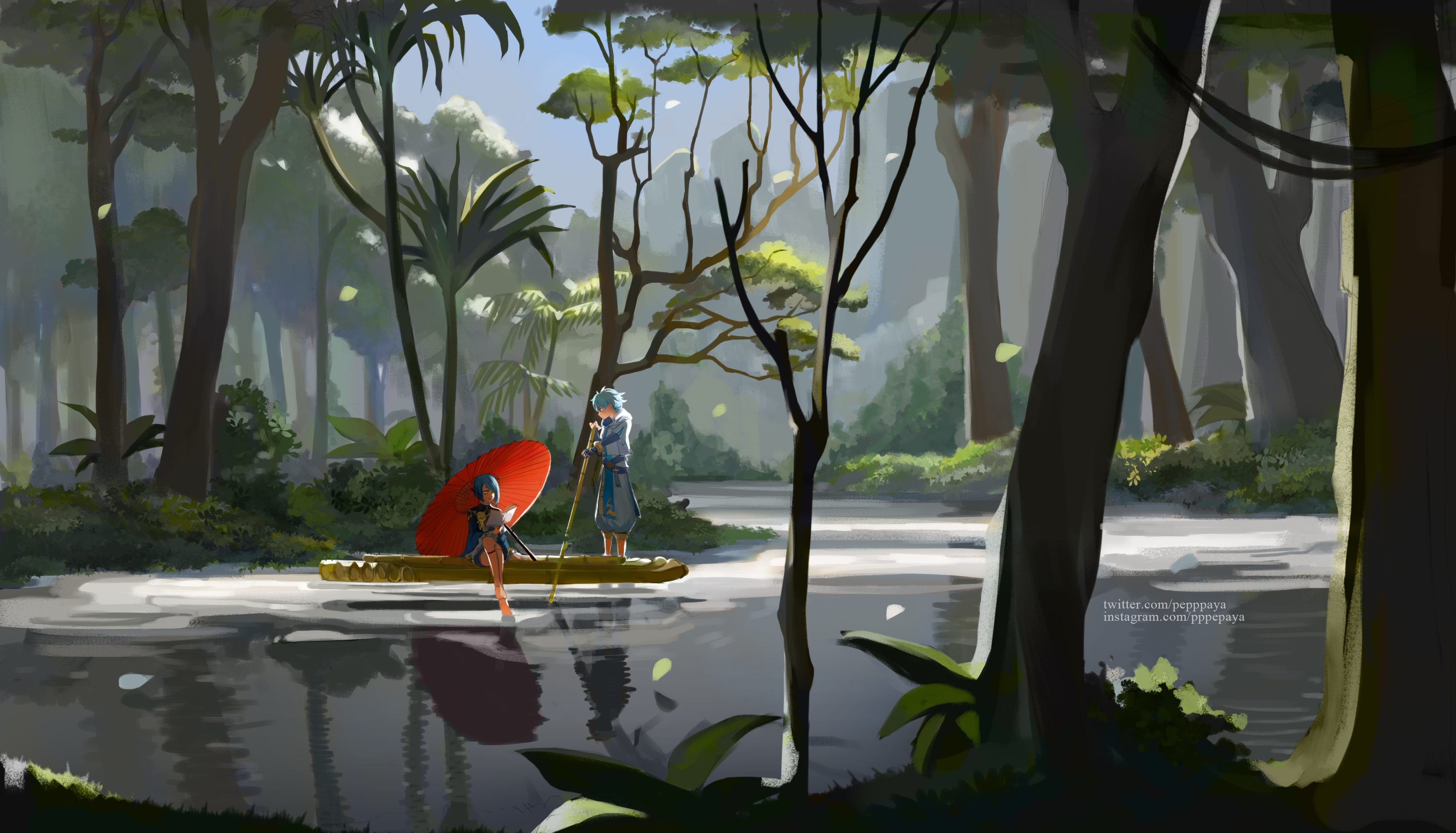 Chongyun and Xingqiu on a raft in a forest river HD Wallpaper