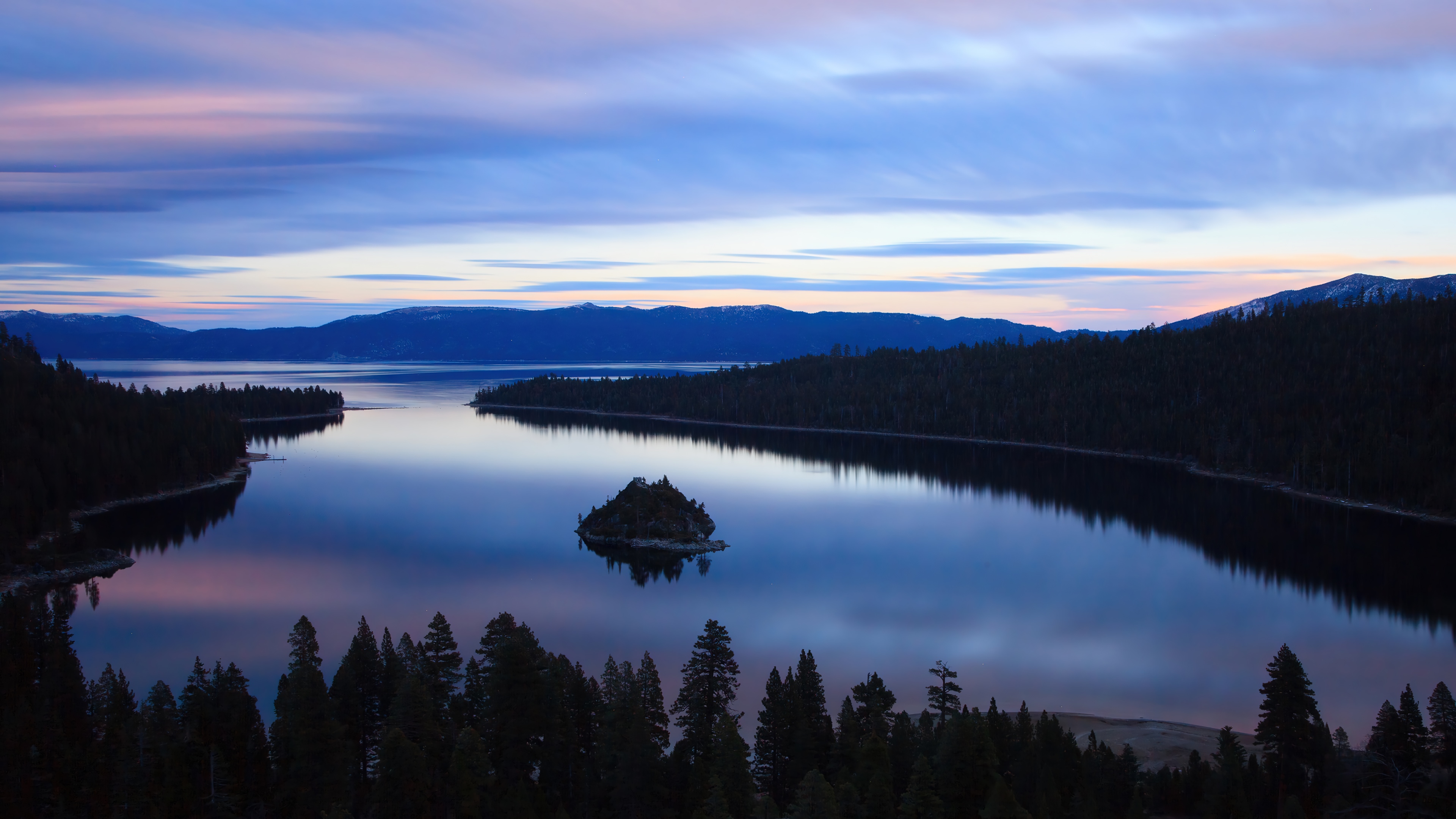 Lake Tahoe Forest Scenery with Island at Dusk HD Wallpaper