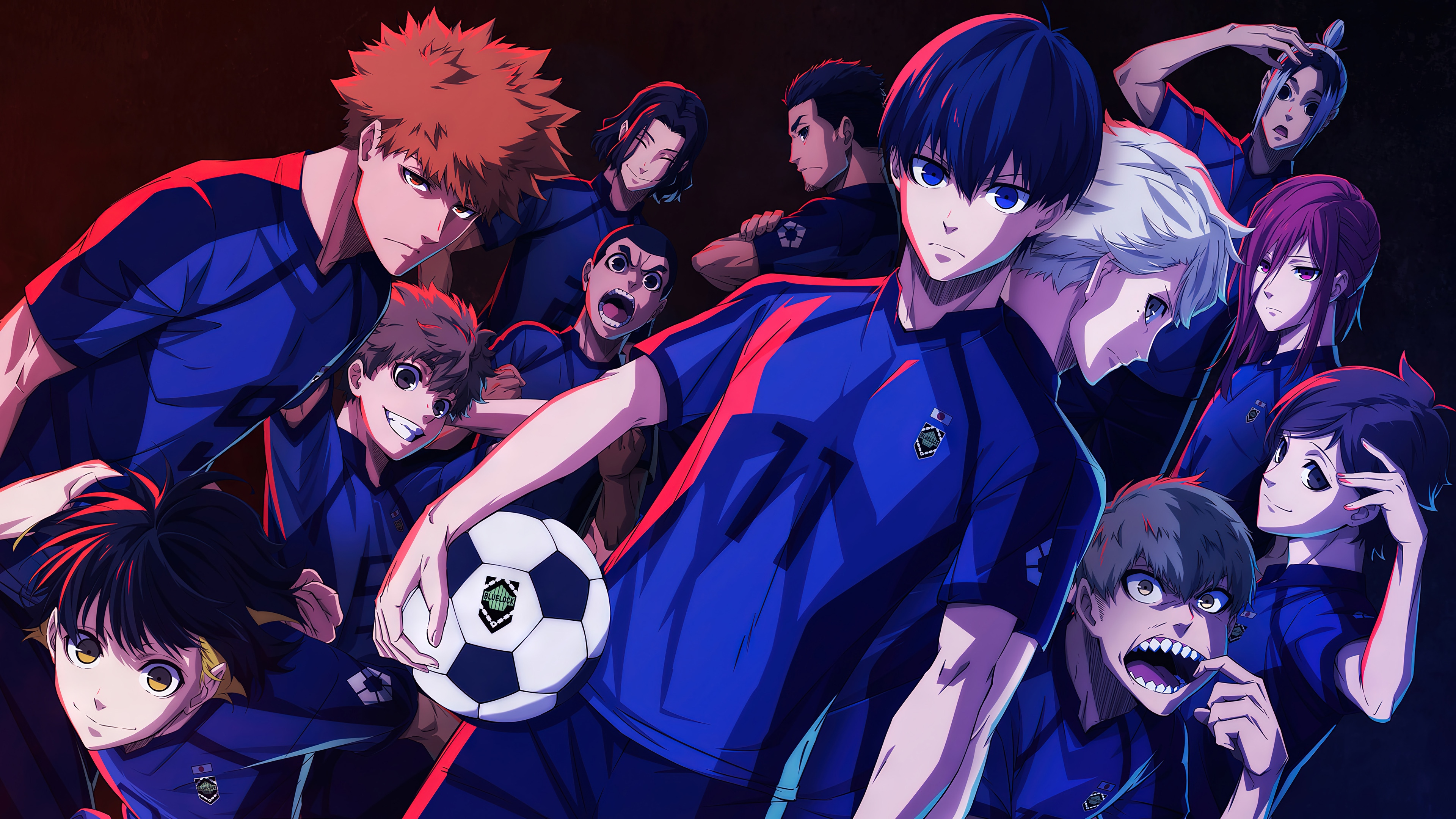 Blue Lock Anime Characters with Soccer Ball HD Wallpaper