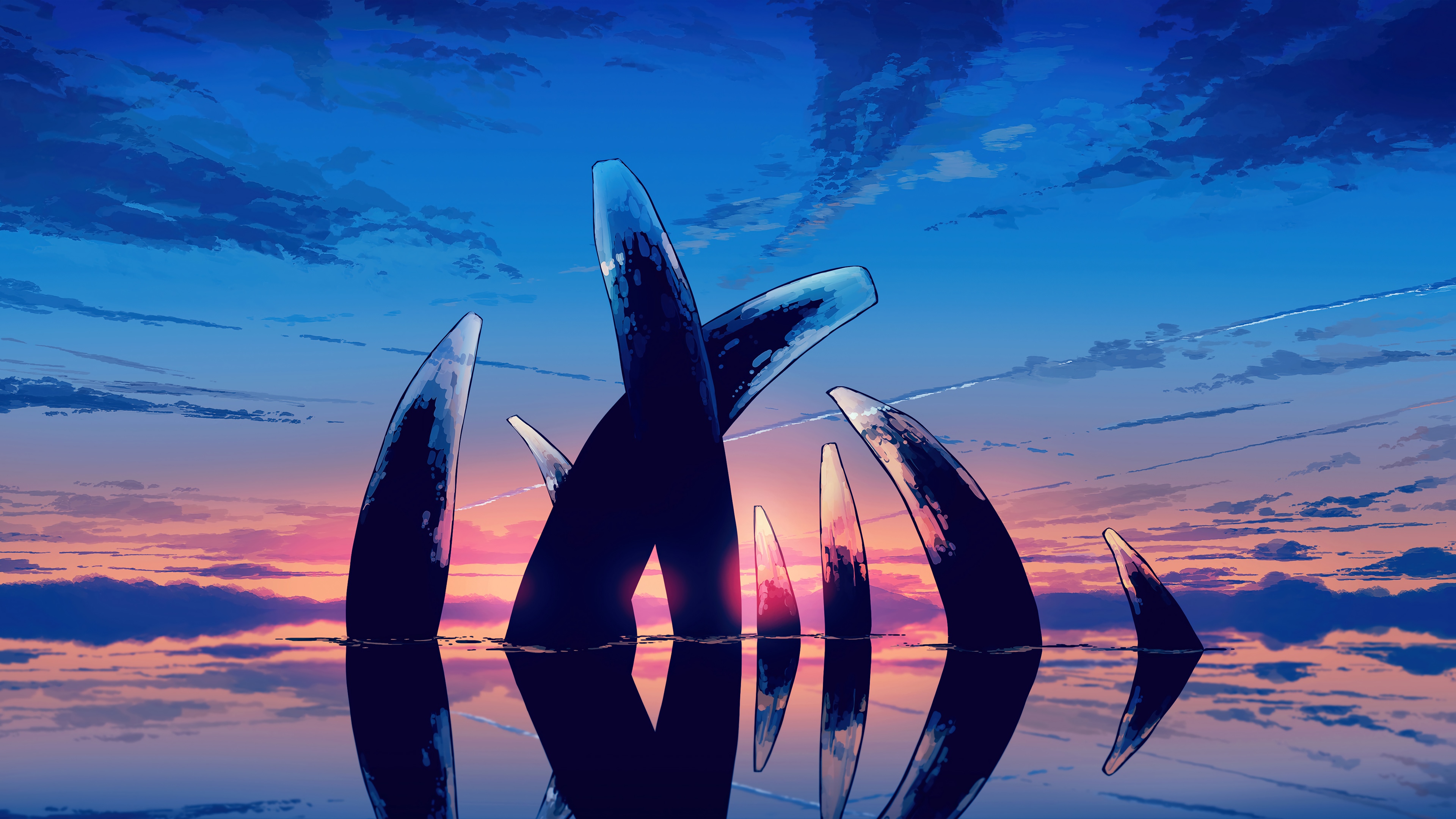 Anime Sunrise Over Water with Stone Structures 4K HD Wallpaper