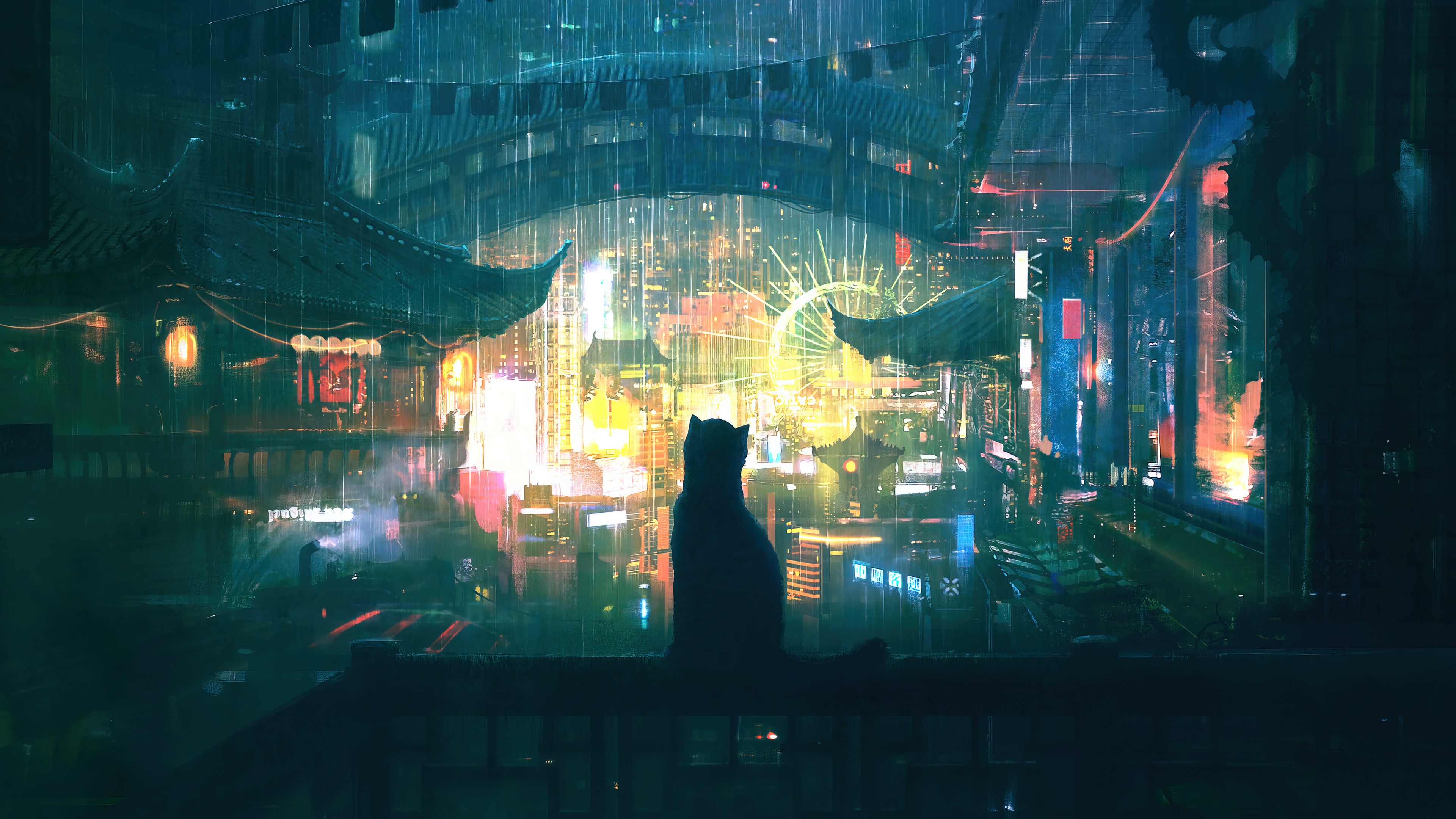 Cat silhouetted against a rainy neon city at night 4K HD Wallpaper