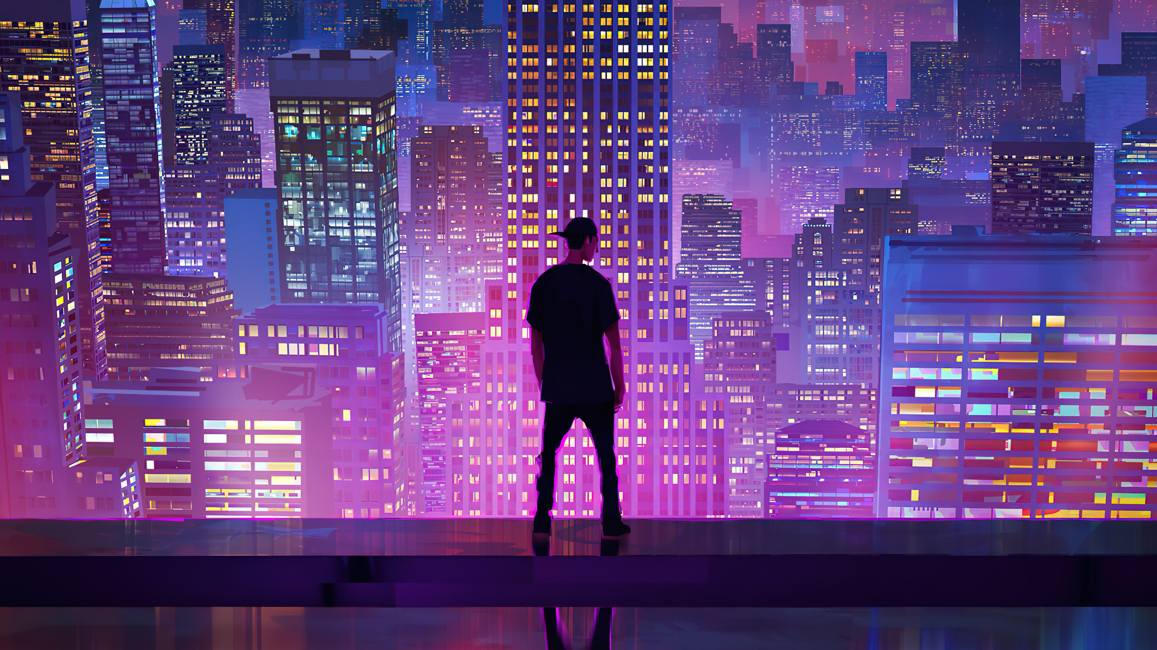 Man standing on a rooftop overlooking a neon city at night HD Wallpaper