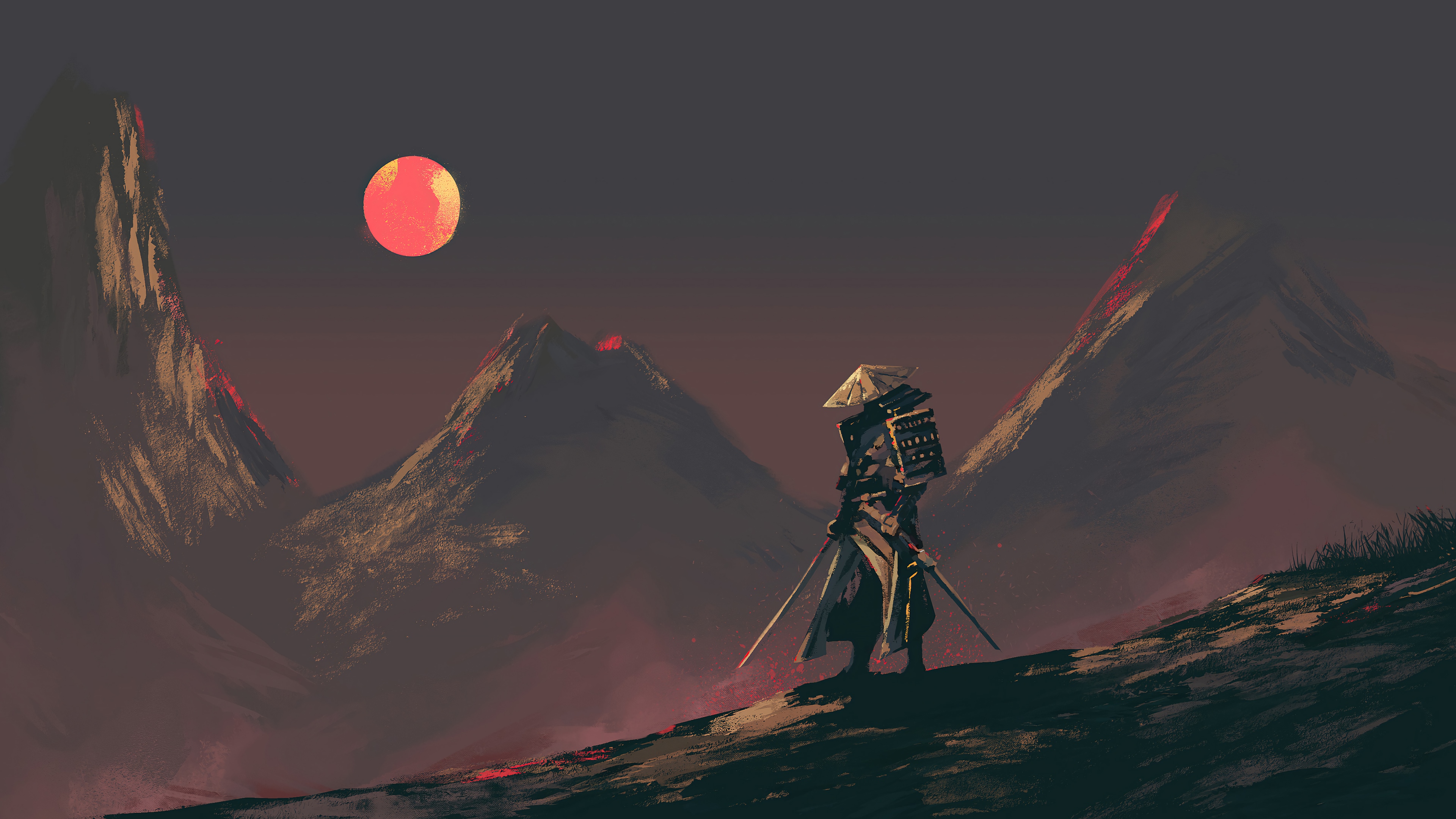 Samurai warrior standing in a mountainous landscape at sunset 4K HD Wallpaper