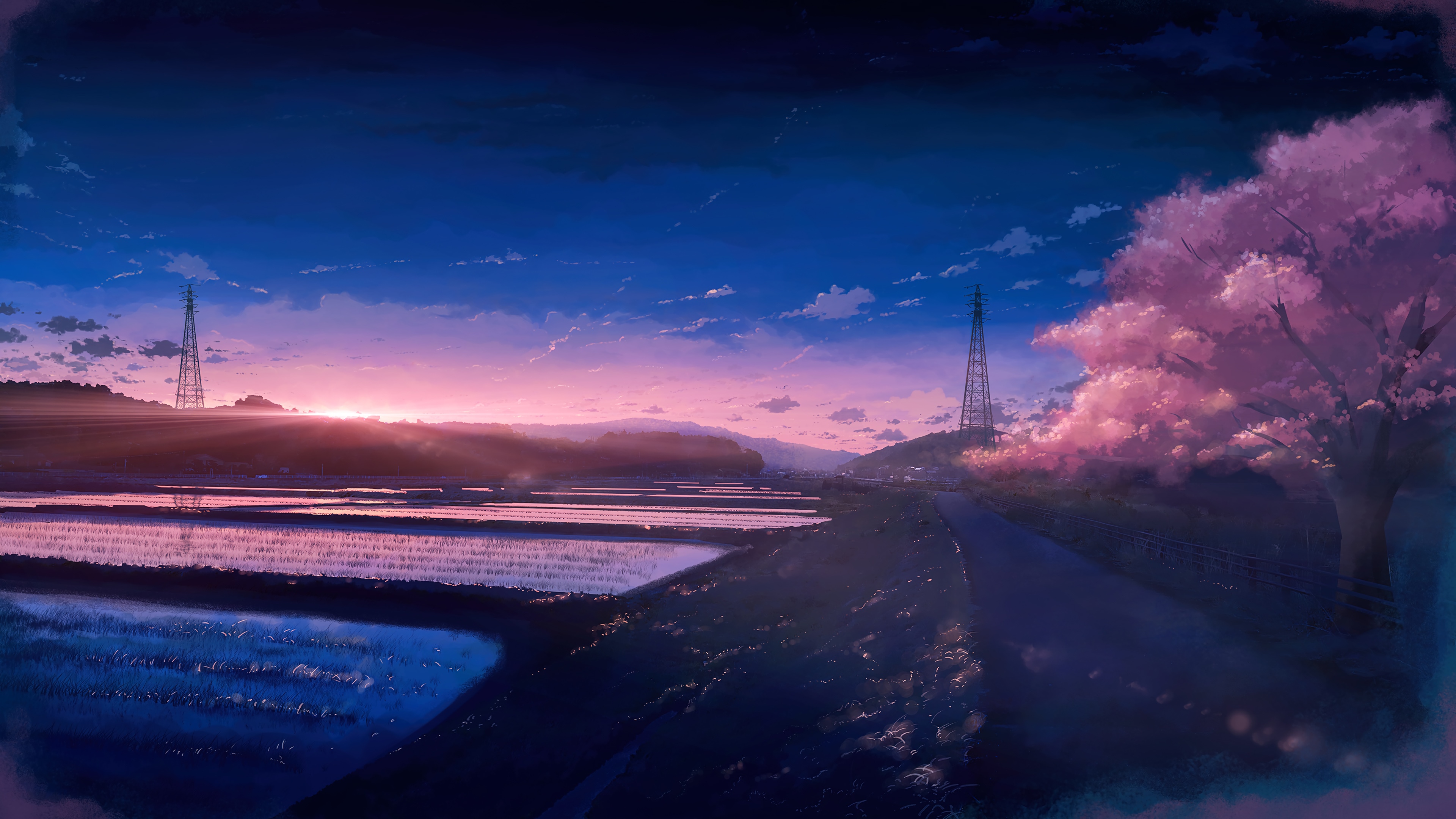 Anime Scenery 4K Sunrise with Cherry Blossoms HD Wallpaper