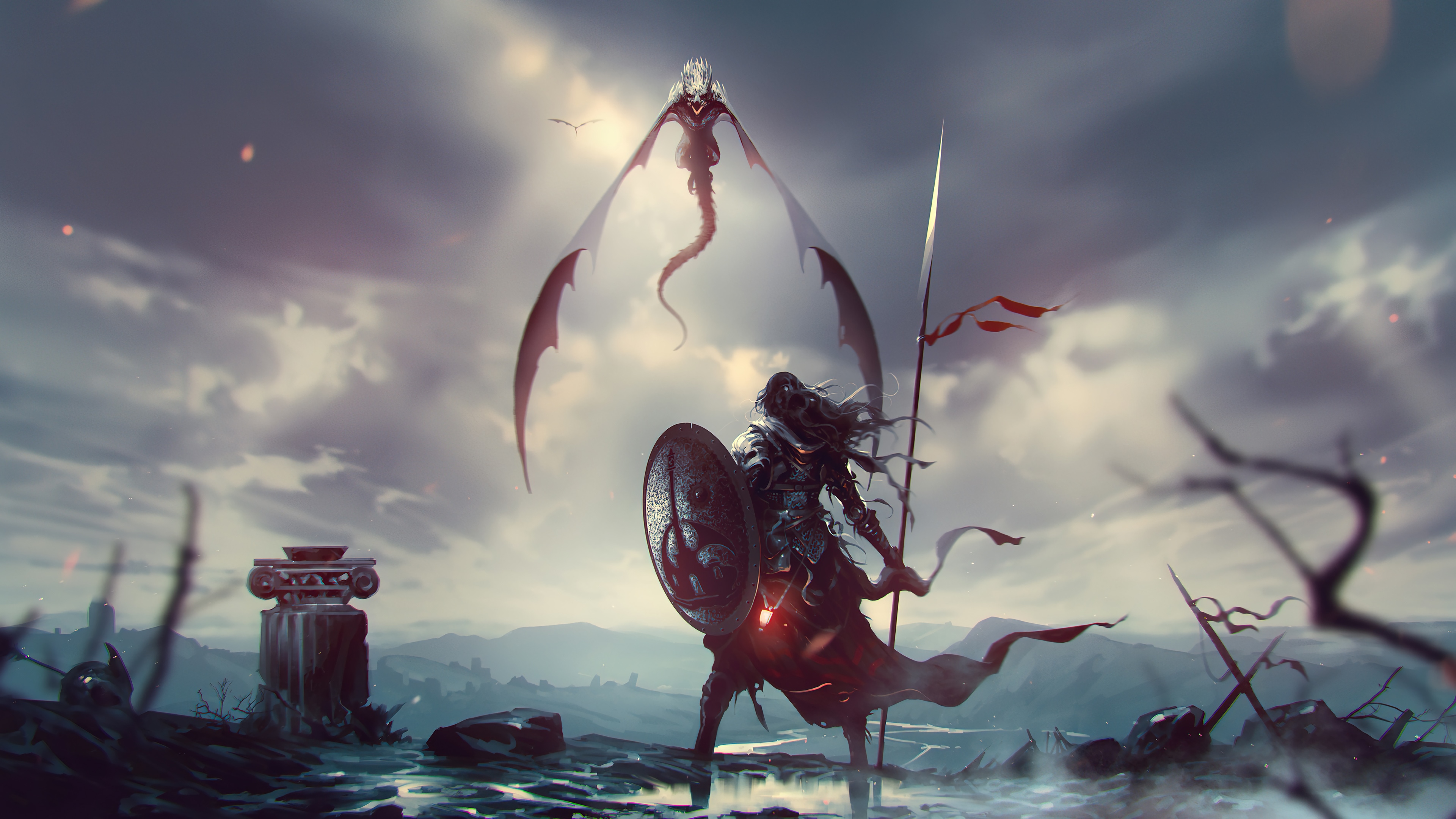 Warrior facing a dragon in a fantasy landscape 4K HD Wallpaper