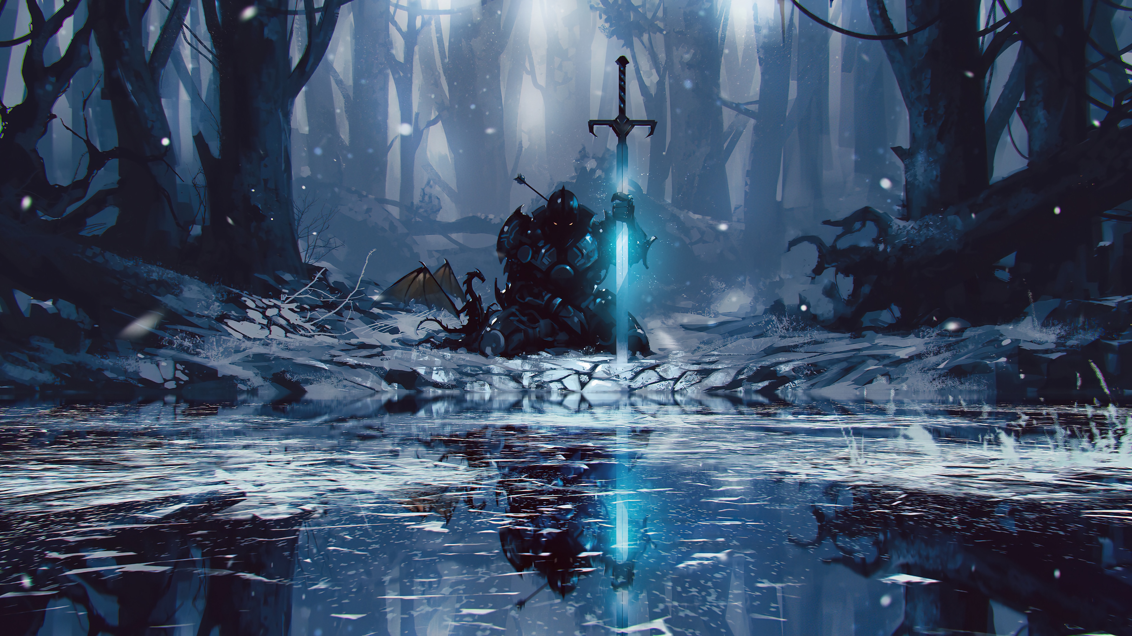 Knight with glowing sword and dragon in a snowy forest HD Wallpaper