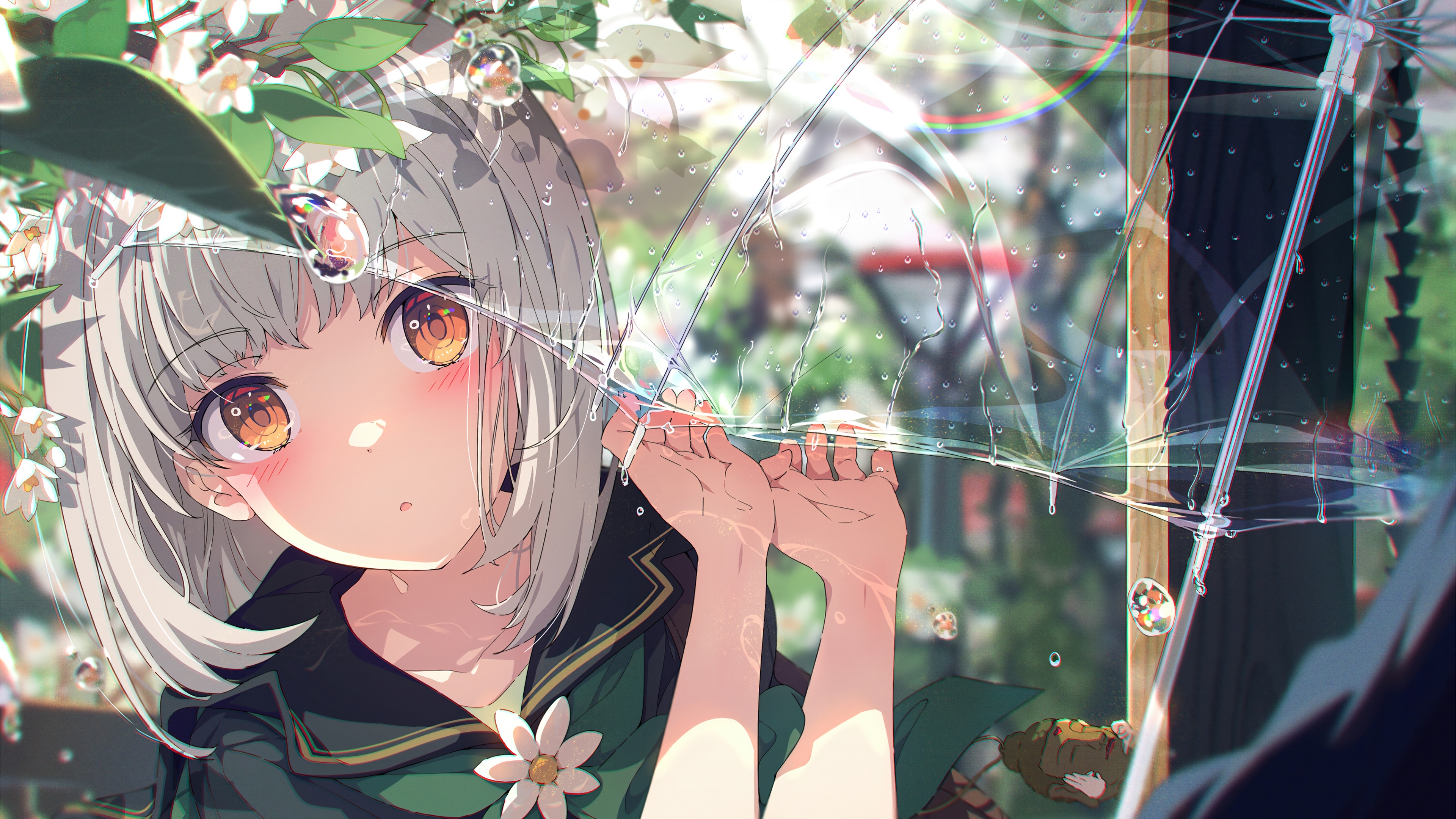 Anime Girl with White Hair and Orange Eyes Under Umbrella in Rain 4K HD Wallpaper