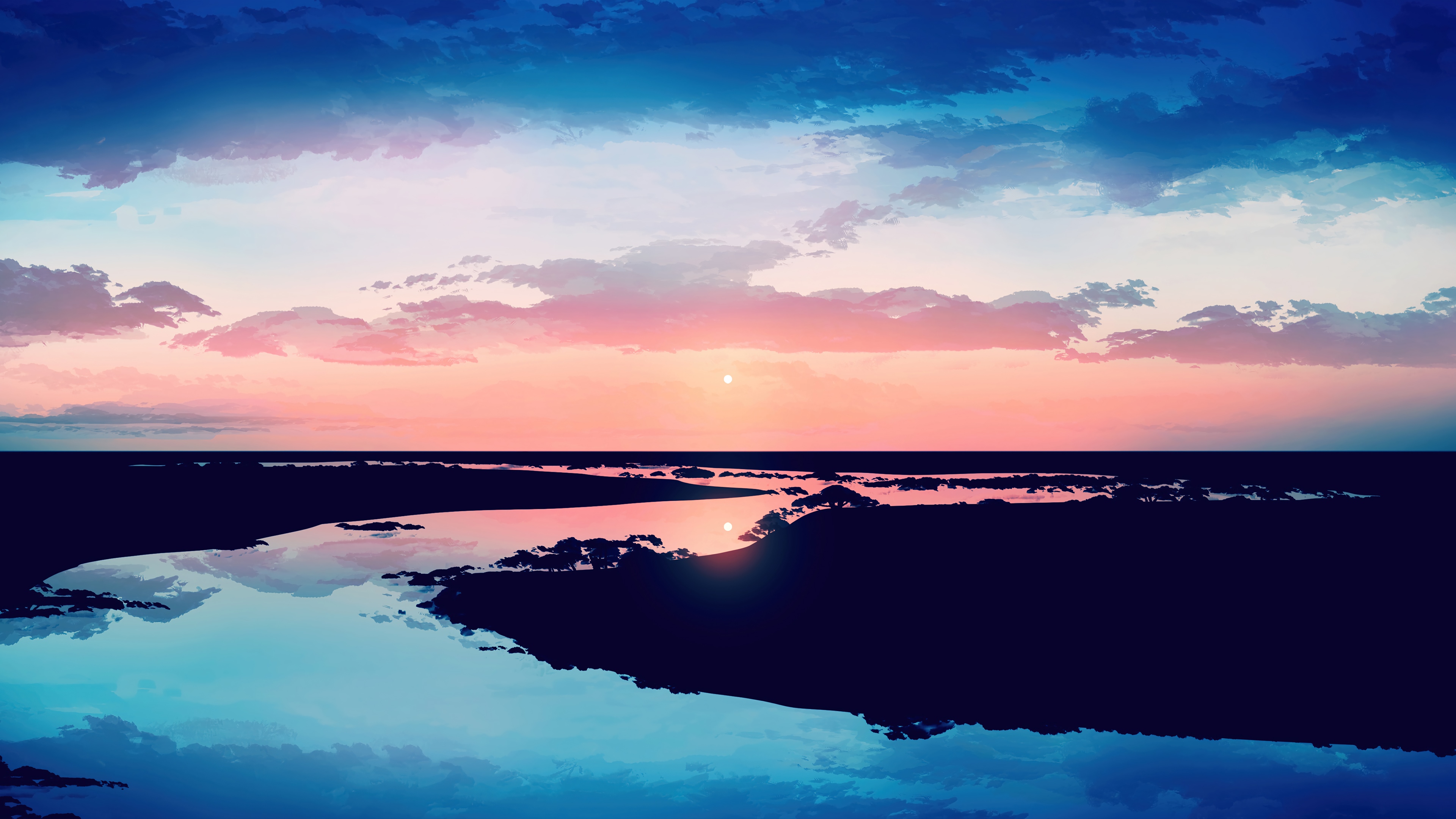 Anime river at sunrise with colorful clouds HD Wallpaper