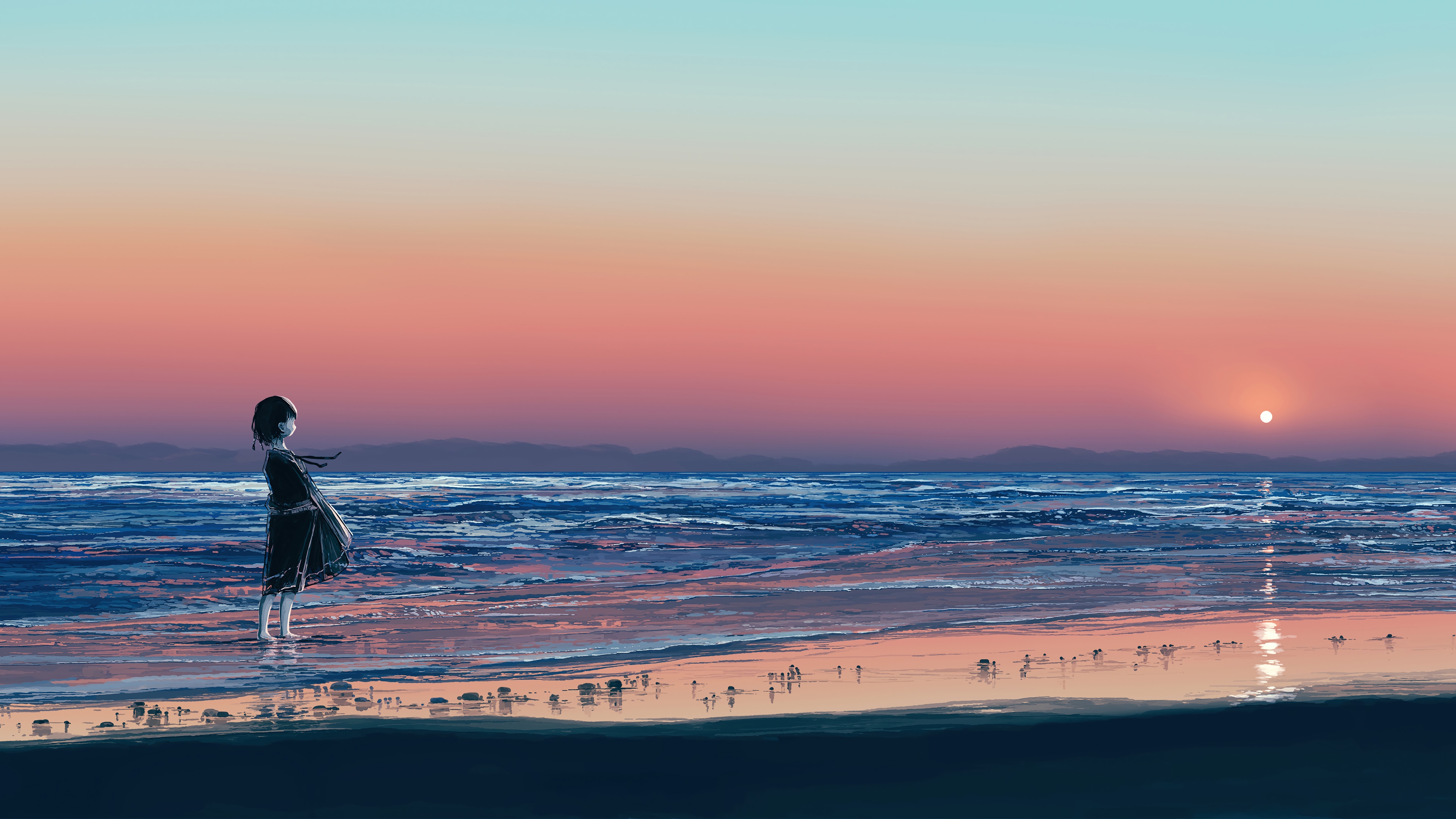 Anime Girl on Beach at Sunrise 4K HD Wallpaper