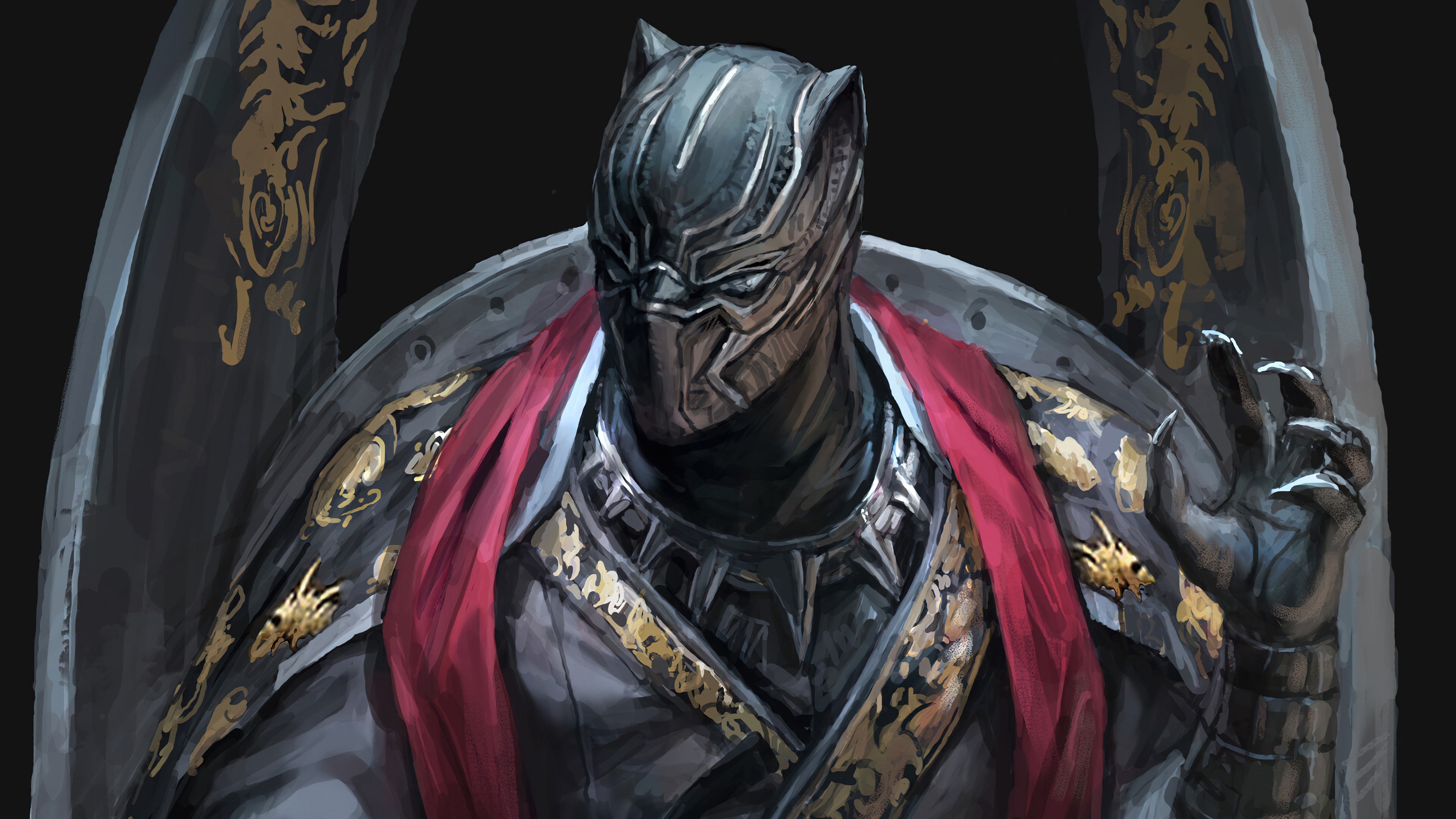 Black Panther in ornate armor with red cape 4K HD Wallpaper
