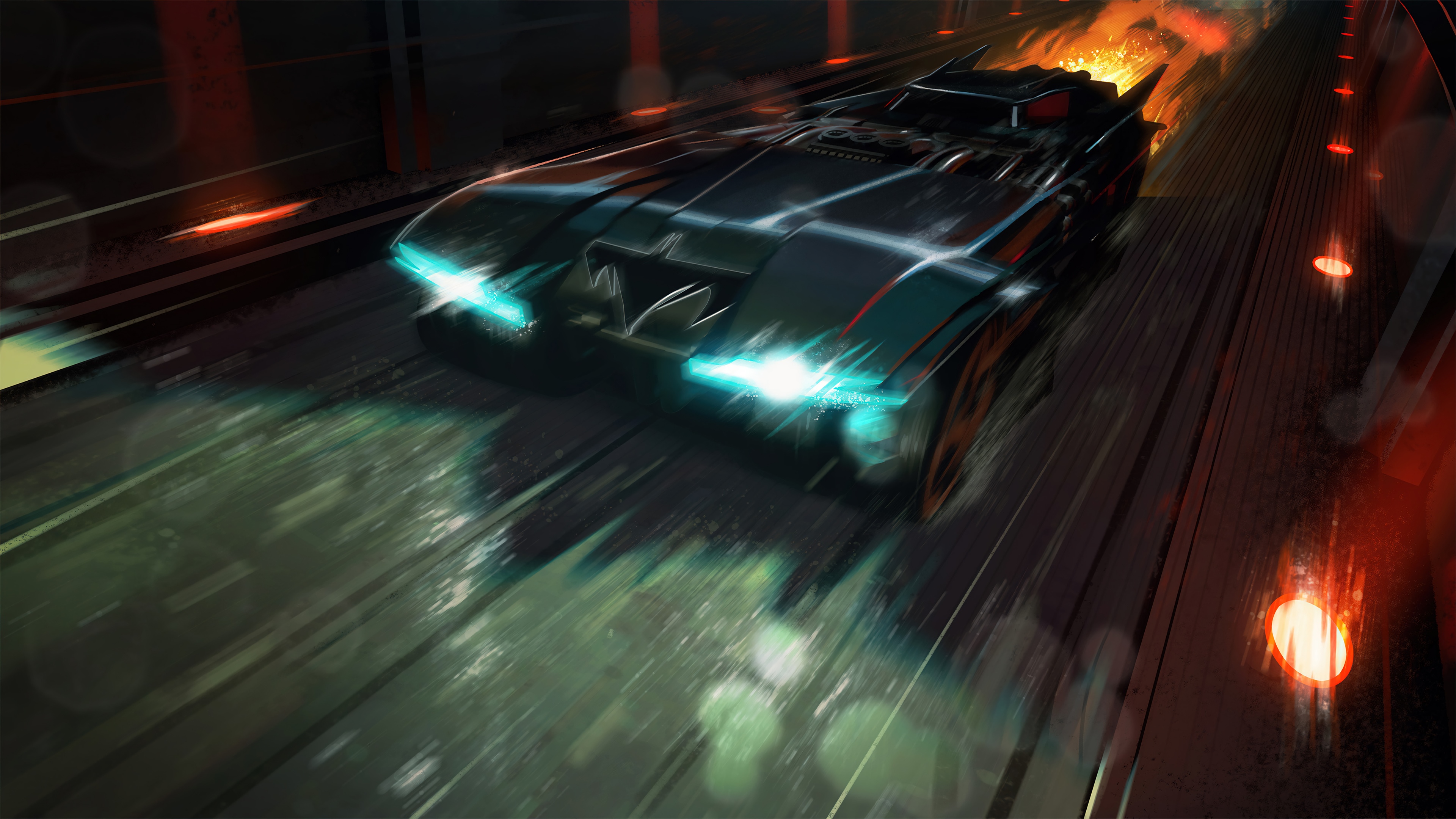 The Batmobile speeds through a tunnel with orange lights HD Wallpaper