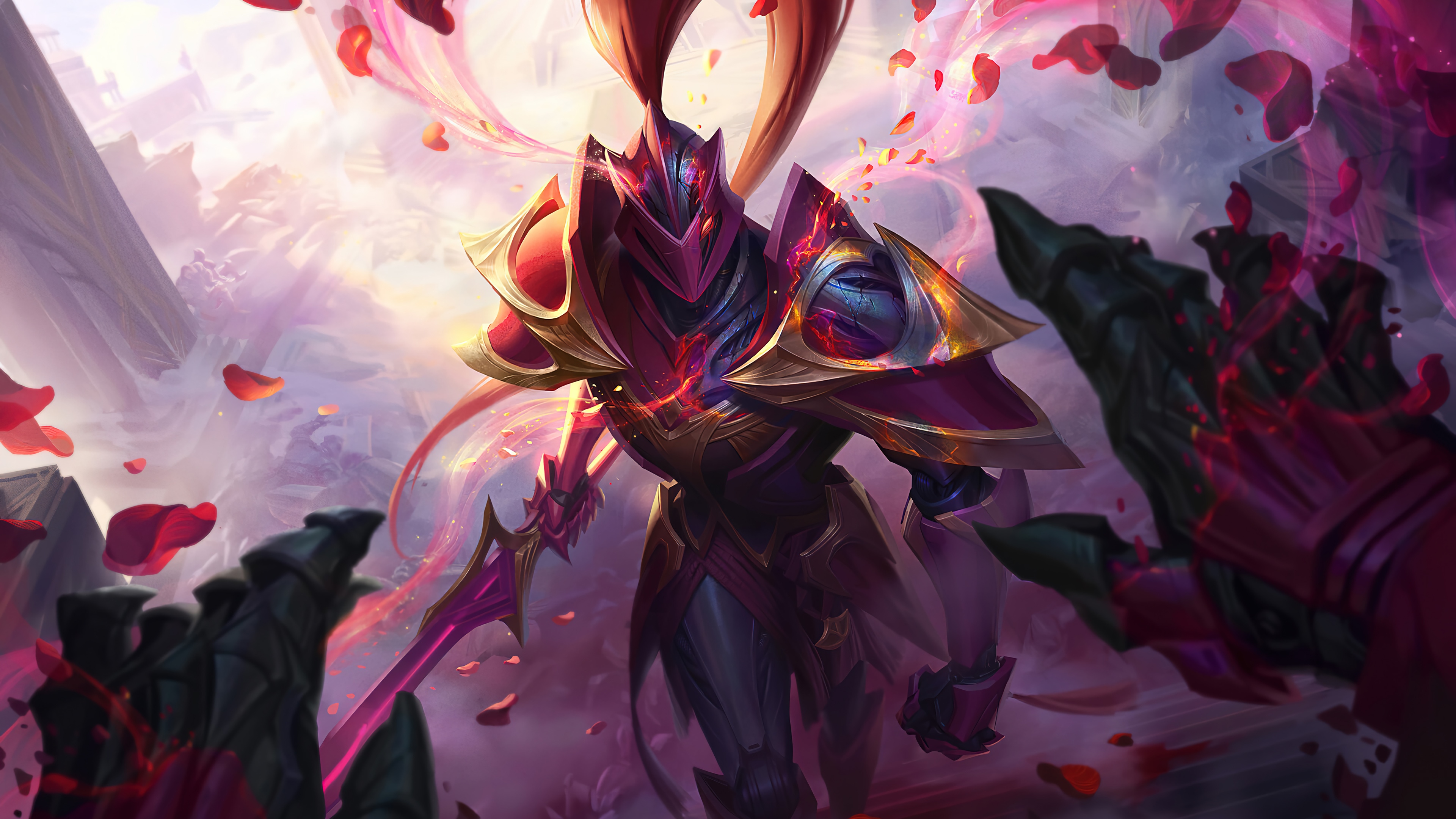 Knight with red and gold armor surrounded by rose petals HD Wallpaper