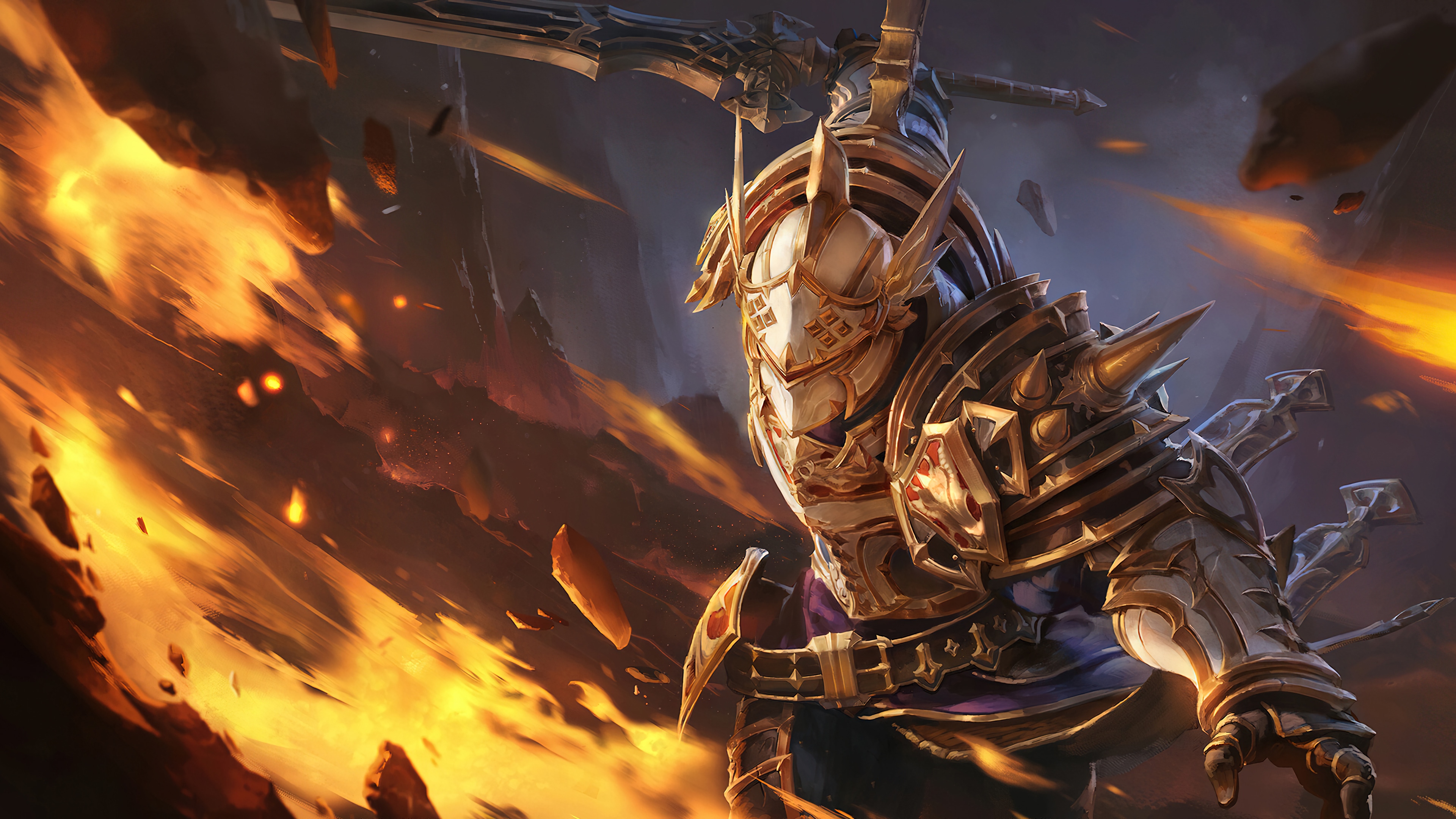 Knight in ornate armor amidst fire and debris HD Wallpaper