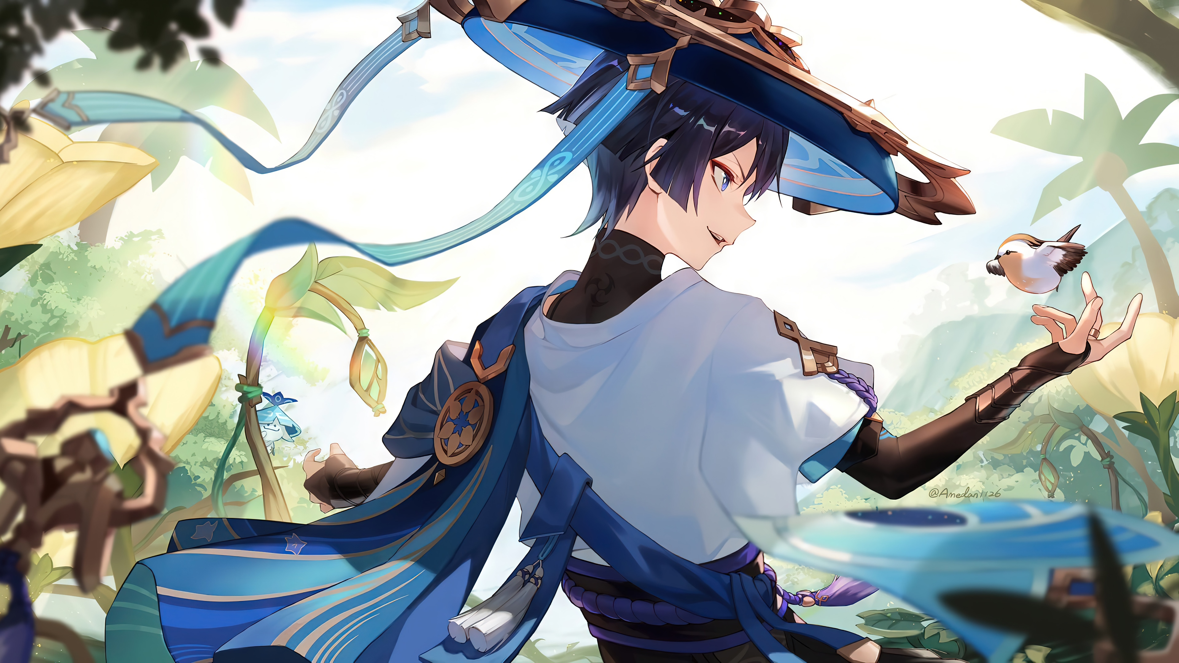 Wanderer from Genshin Impact with a bird HD Wallpaper