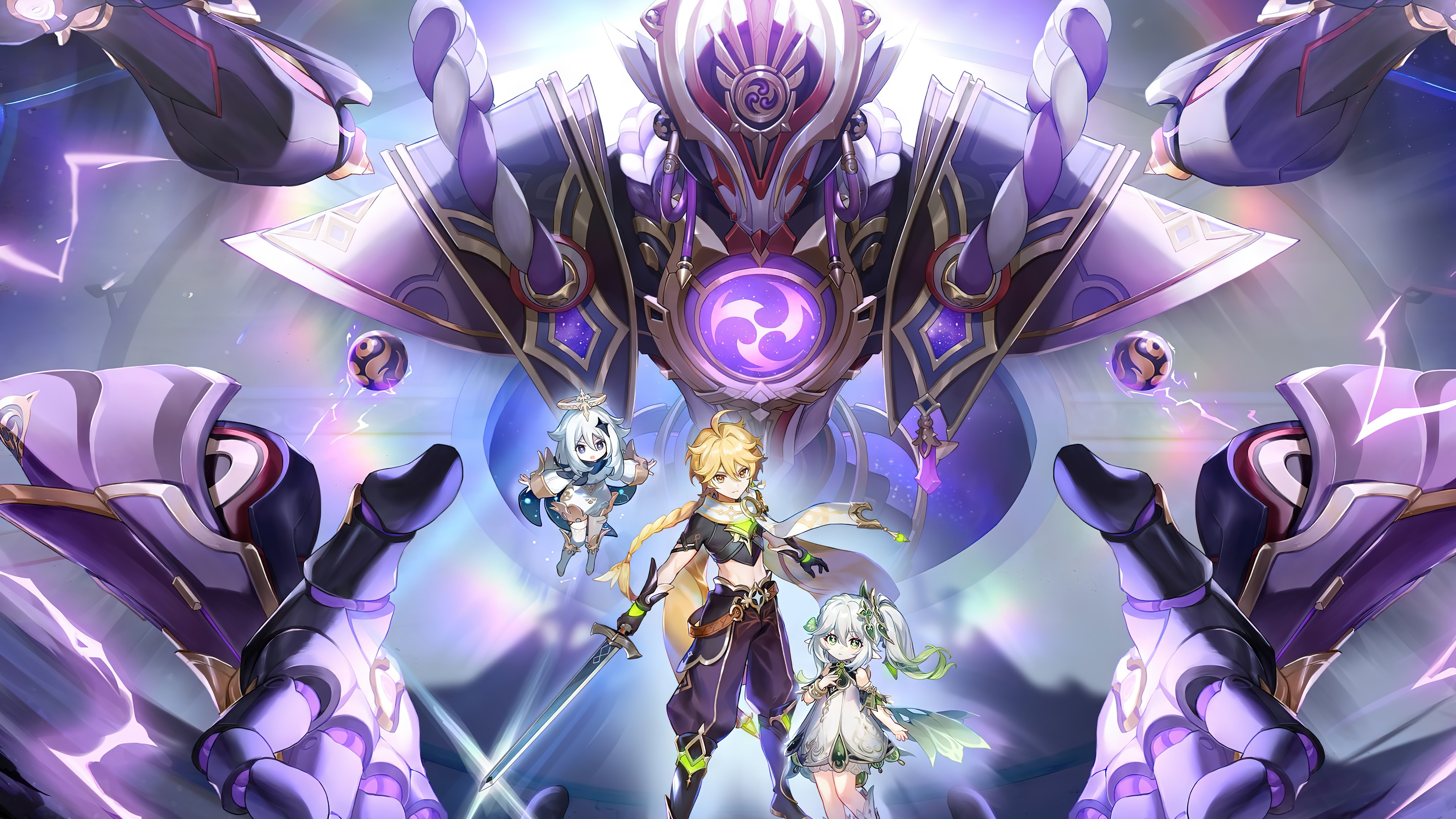 Genshin Impact: Aether, Nahida, and Paimon with Raiden Shogun HD Wallpaper