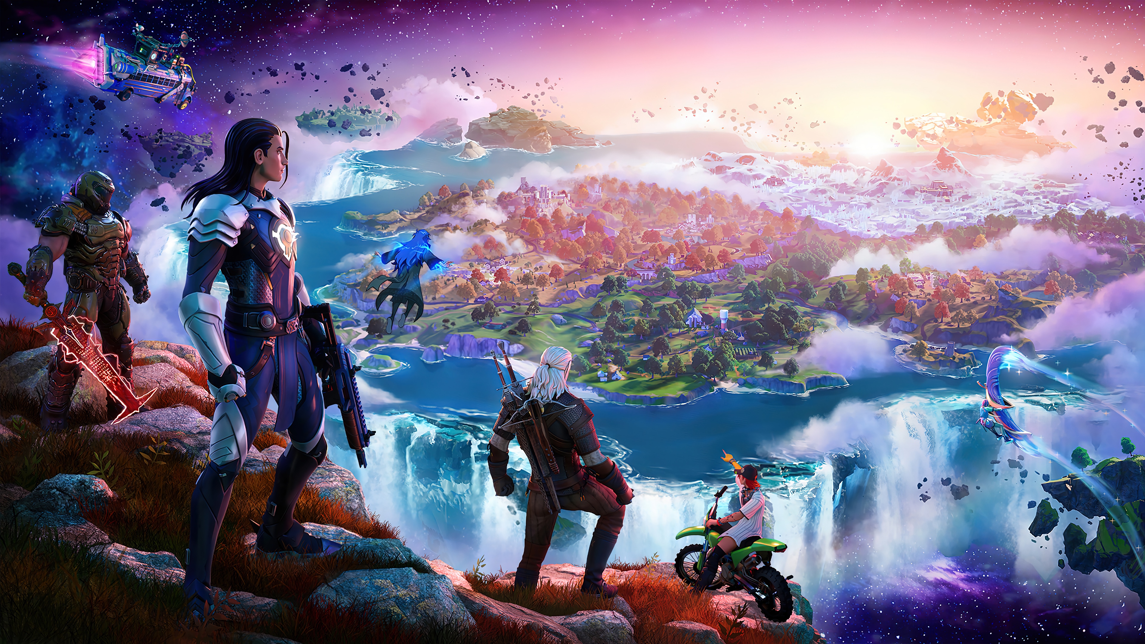 Fortnite Characters Overlooking a Fantasy Landscape HD Wallpaper
