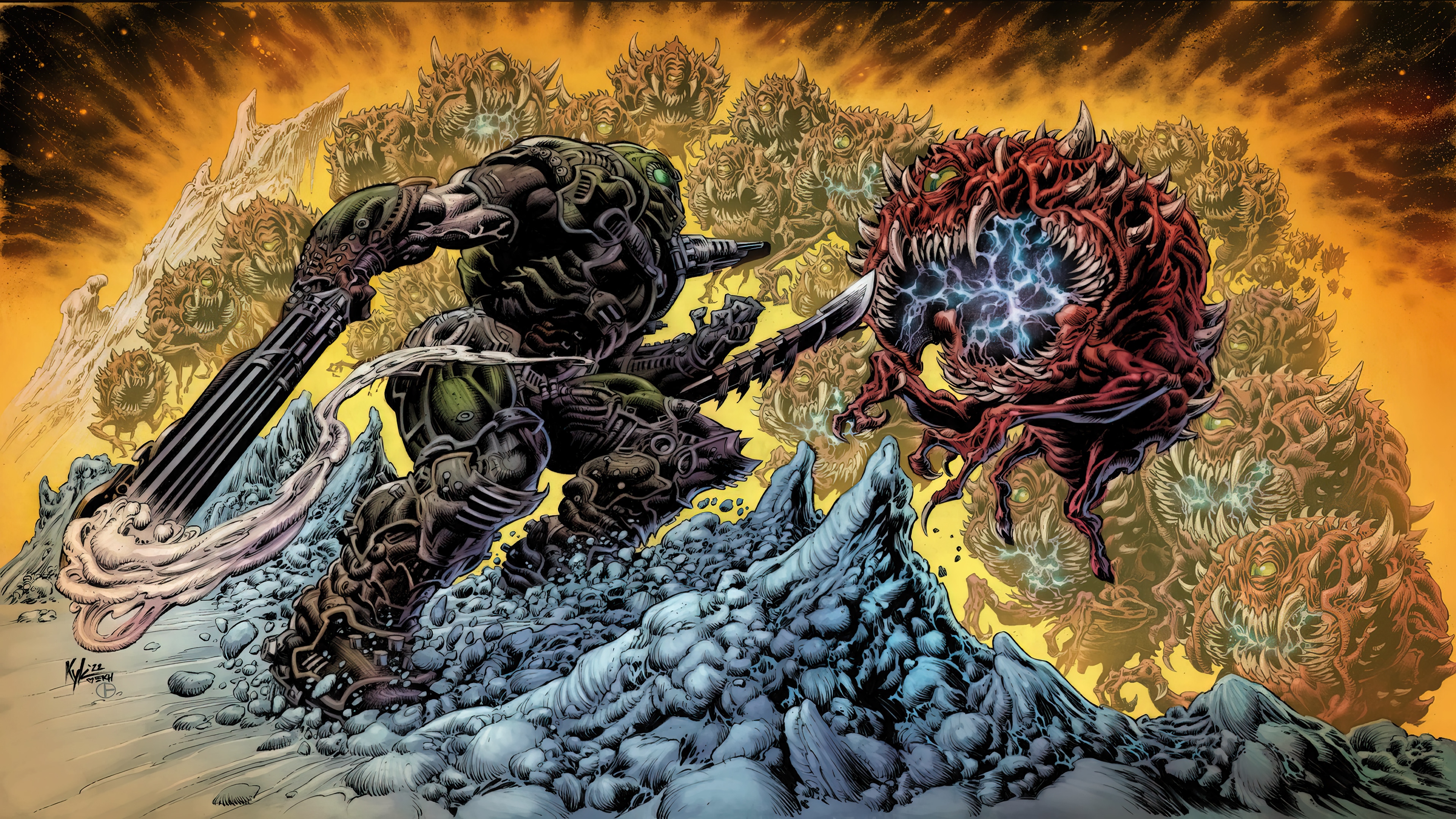 Doom Slayer fighting demons in 4K HD Wallpaper