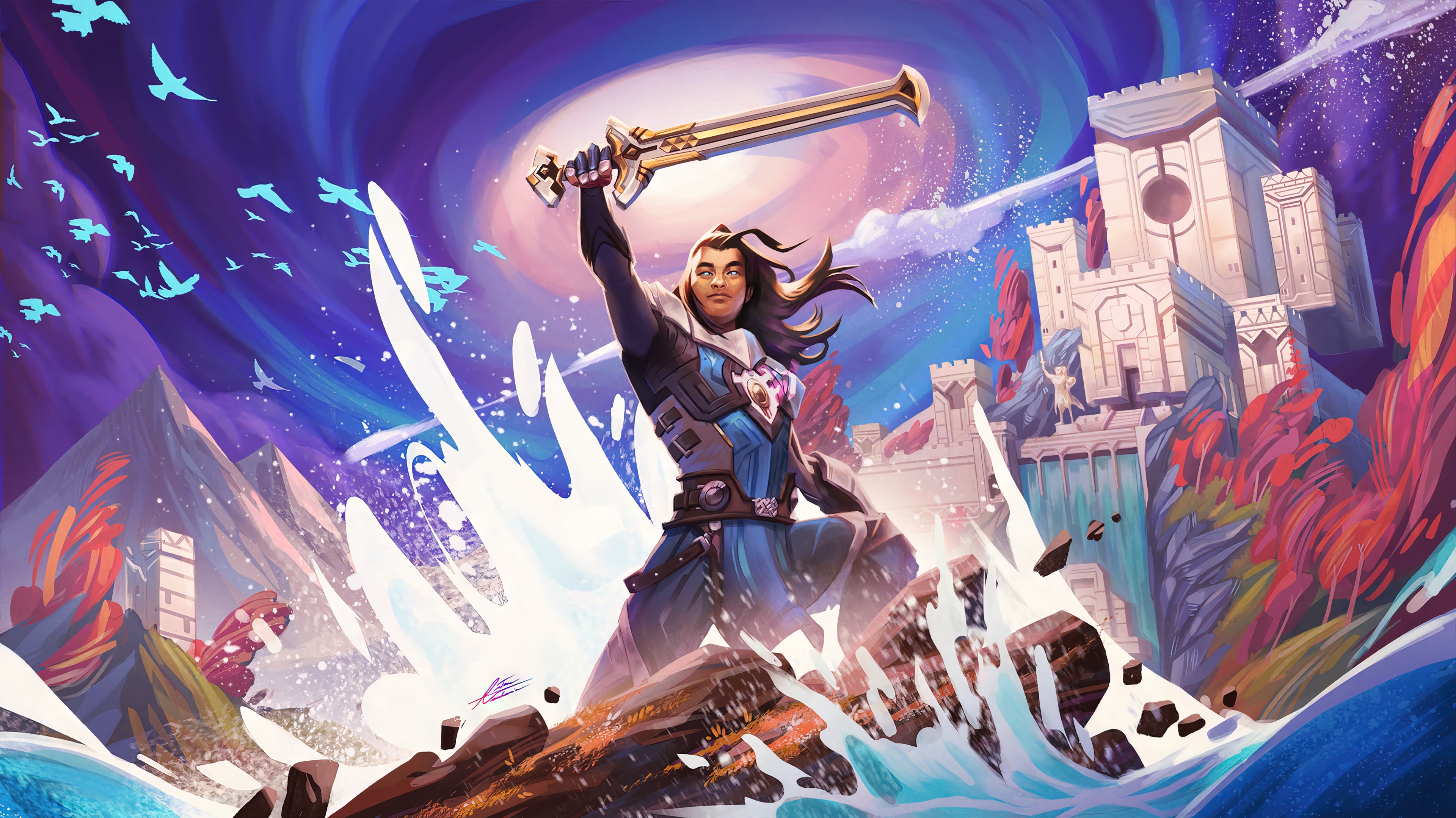 Fortnite character with sword in fantasy landscape HD Wallpaper