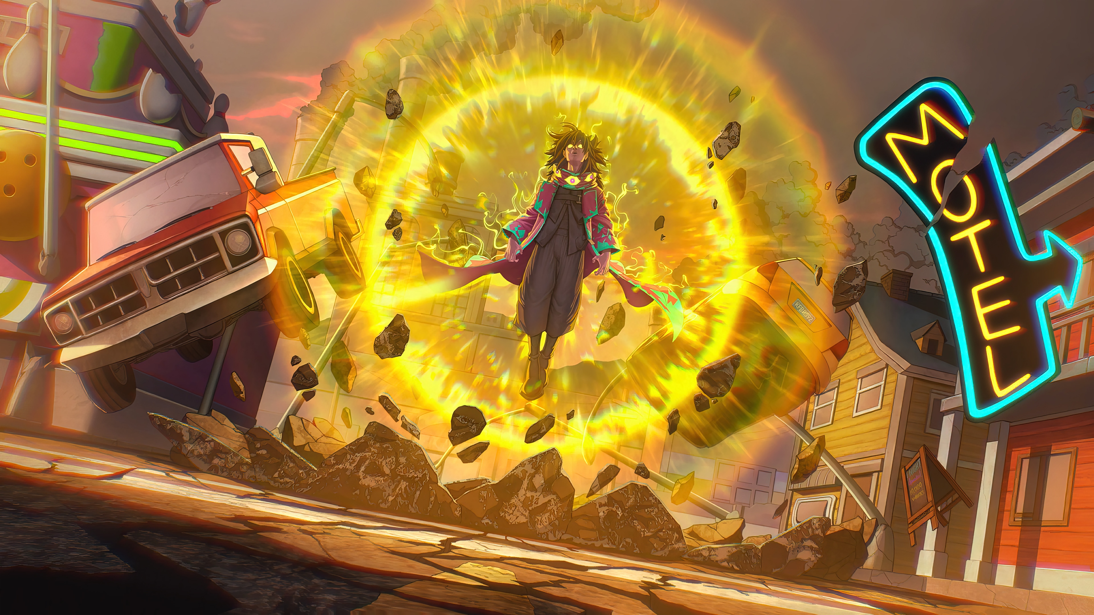 Fortnite character with yellow energy burst HD Wallpaper