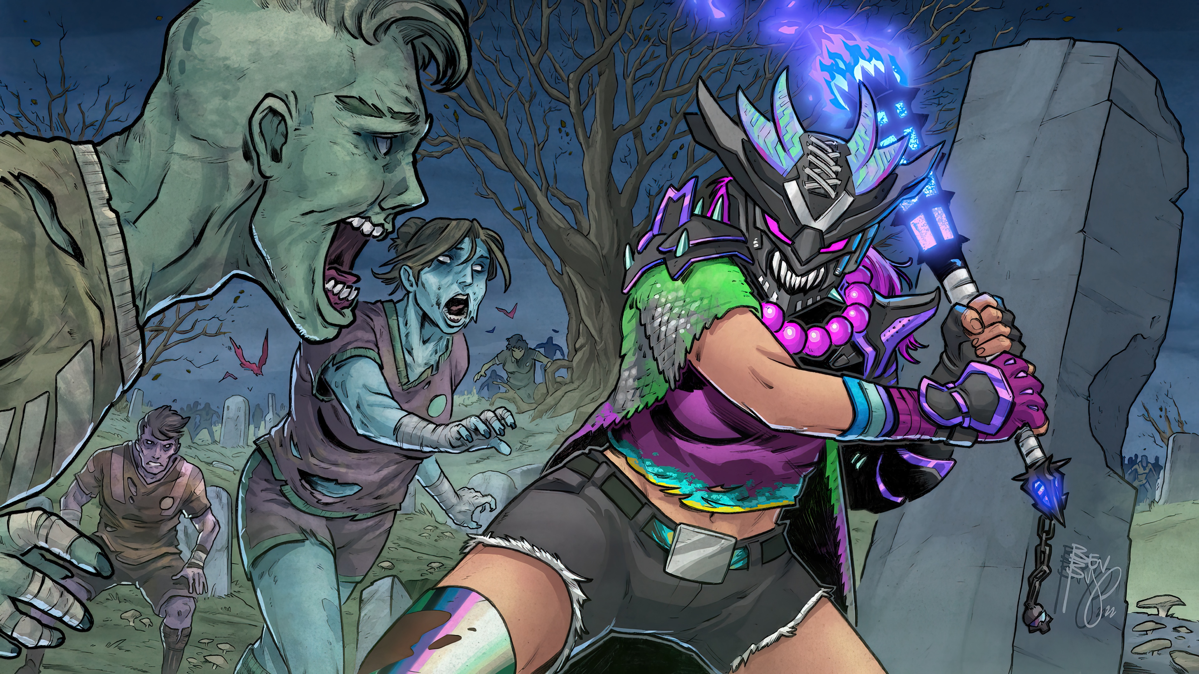 Fortnite: Zombie graveyard battle with masked warrior HD Wallpaper