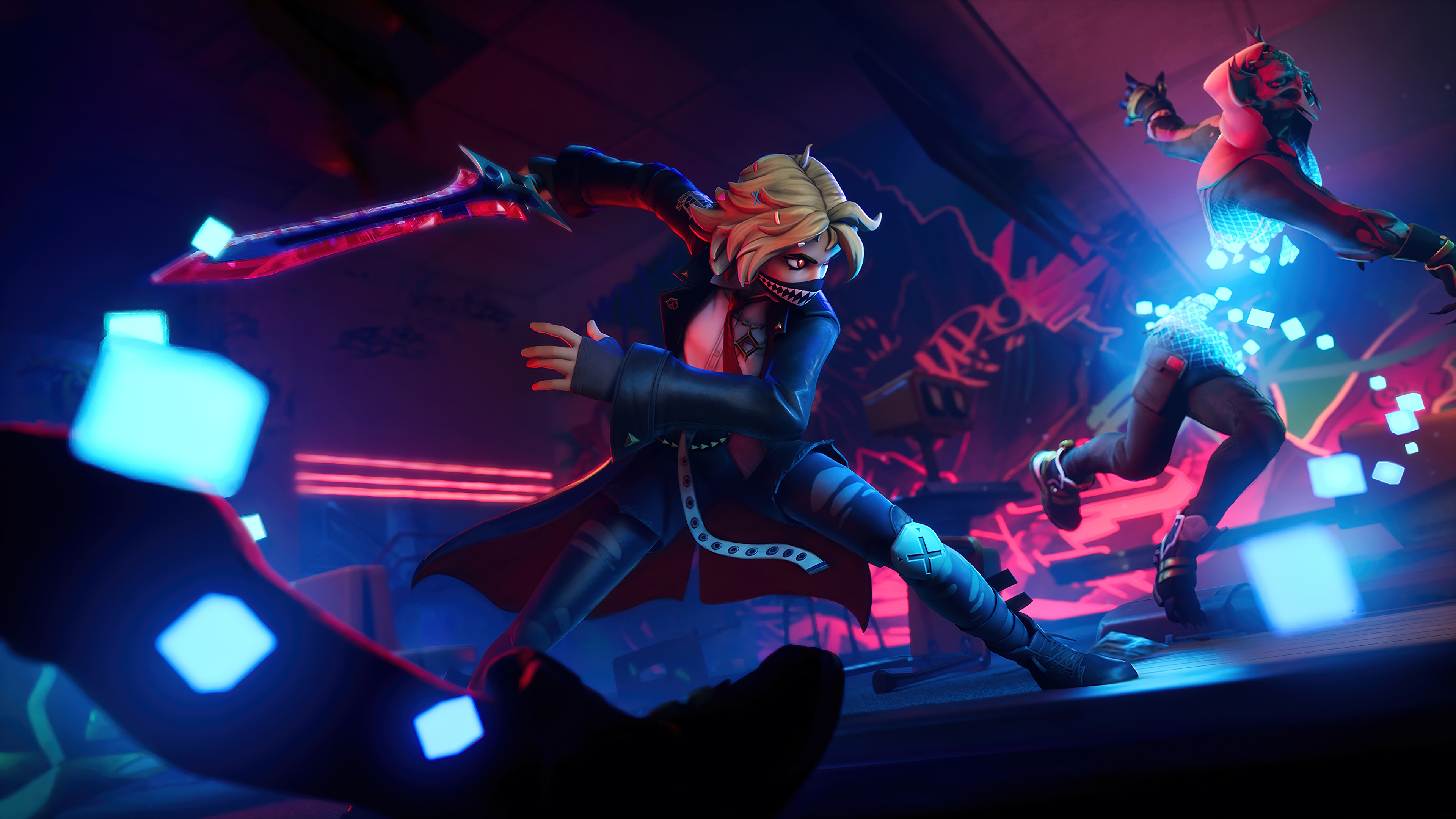 Fortnite characters with glowing swords and cubes HD Wallpaper