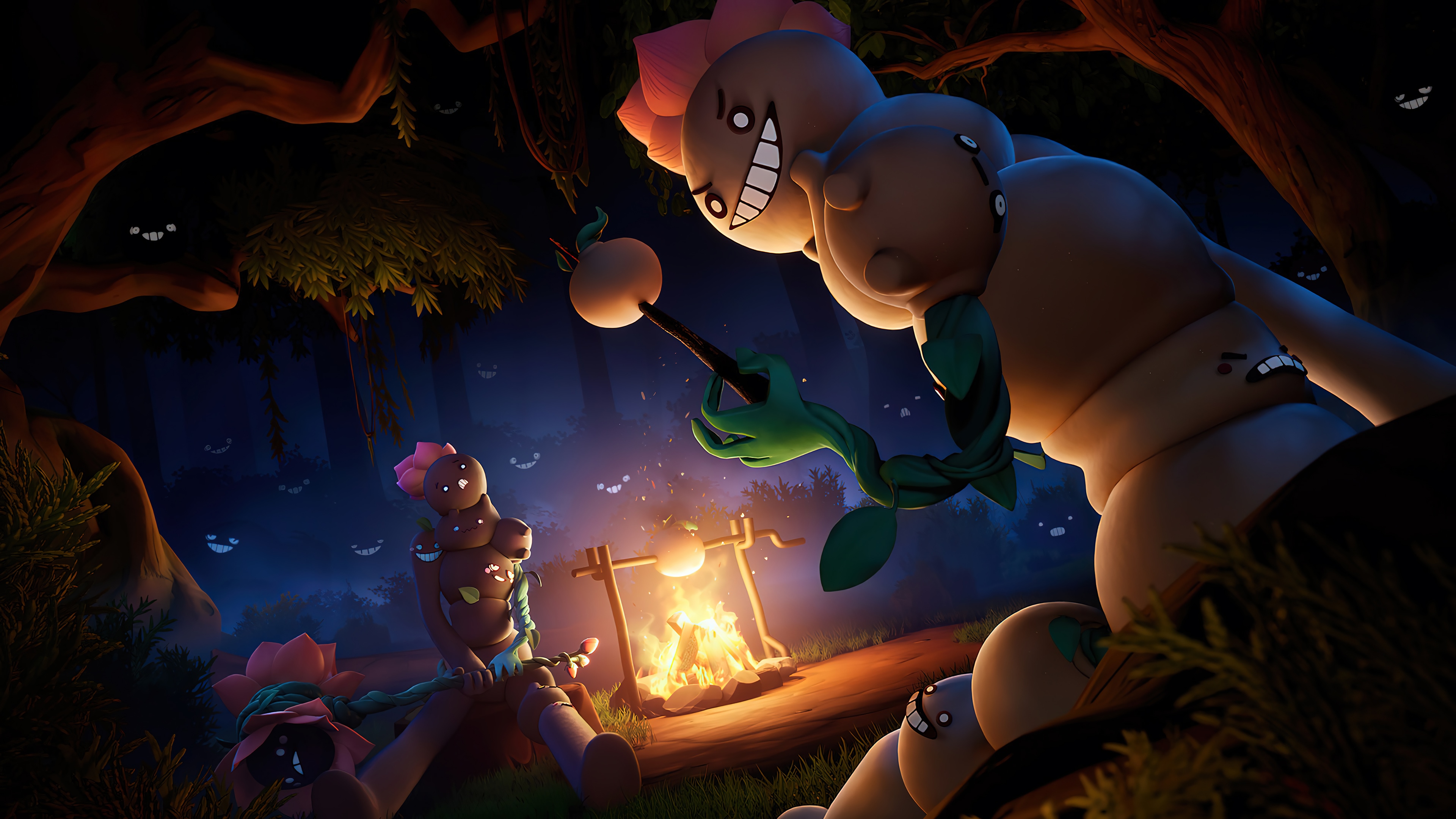 Fortnite characters roasting marshmallows by a campfire HD Wallpaper