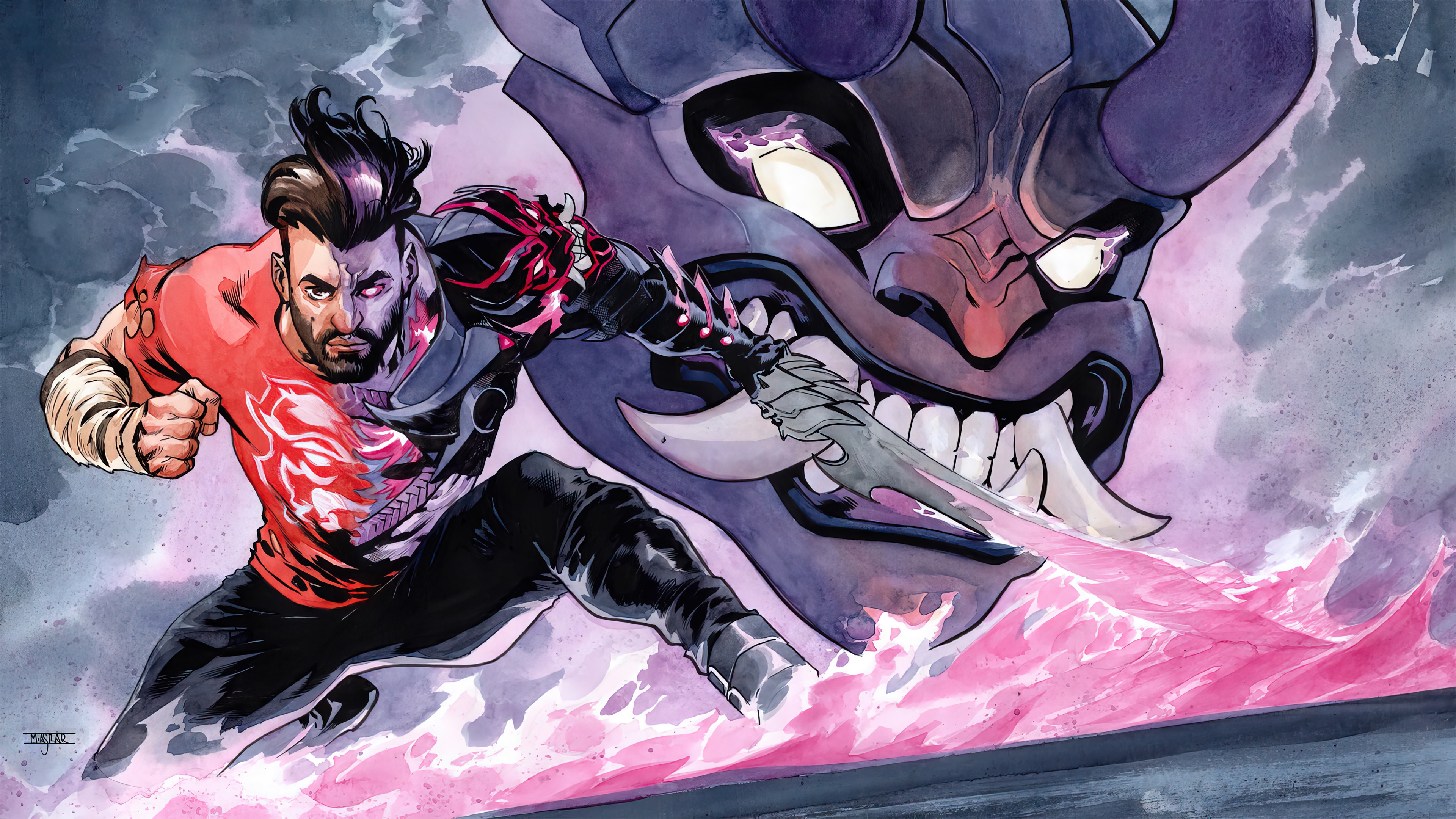 Fortnite character fighting a demon mask HD Wallpaper