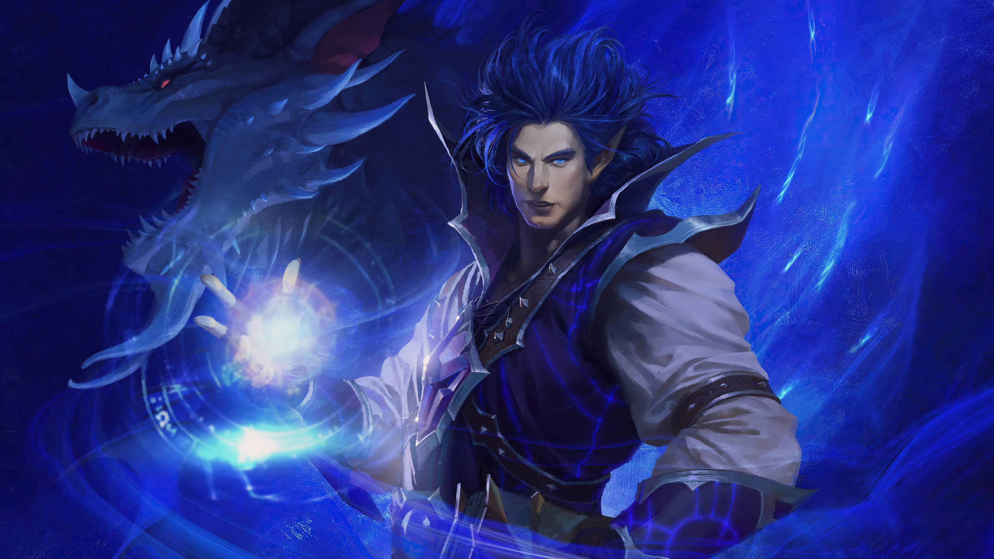Kalecgos, a blue-haired elf, casts a spell with a dragon HD Wallpaper