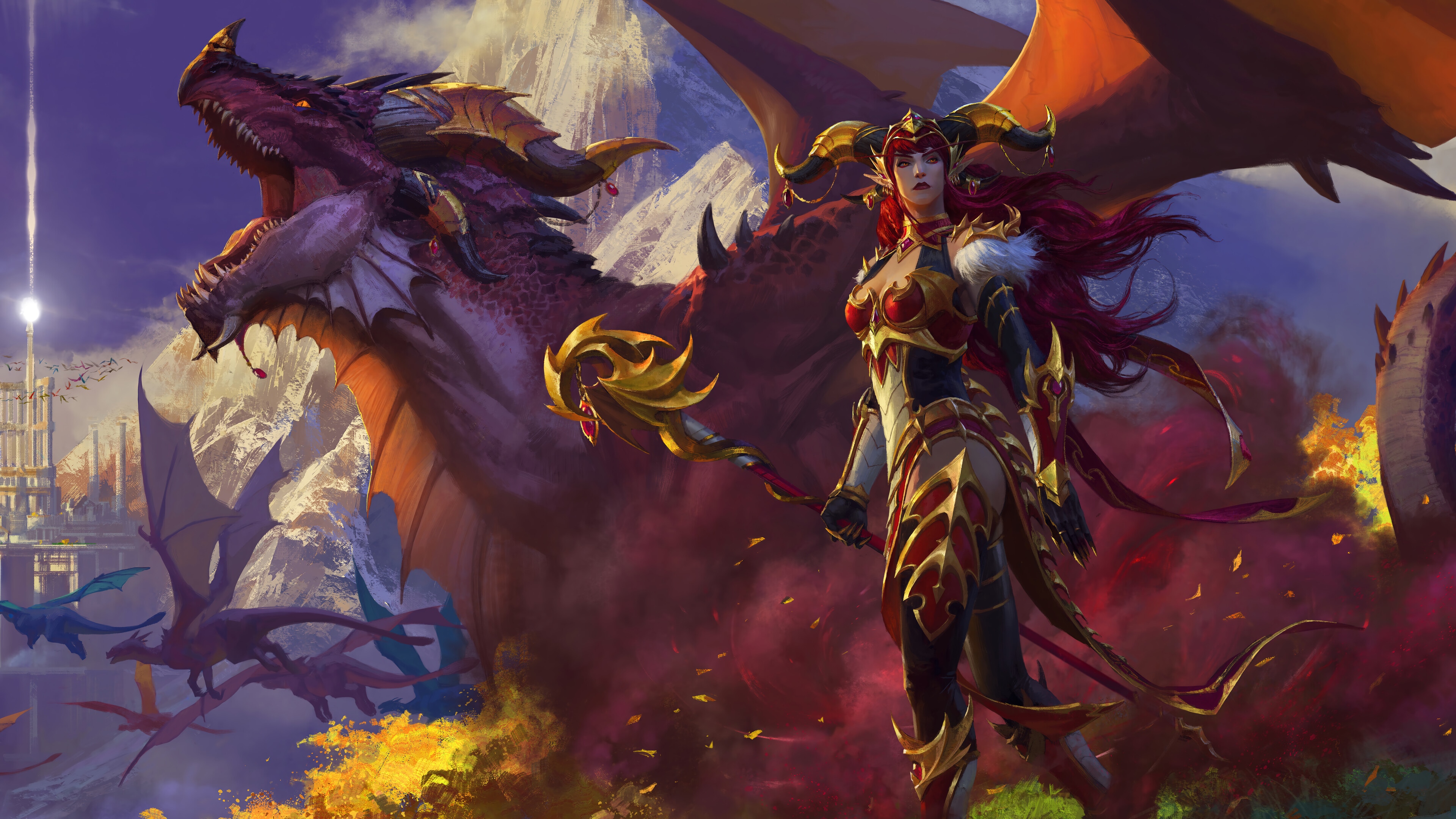 Alexstrasza and dragons in World of Warcraft: Dragonflight 4K HD Wallpaper