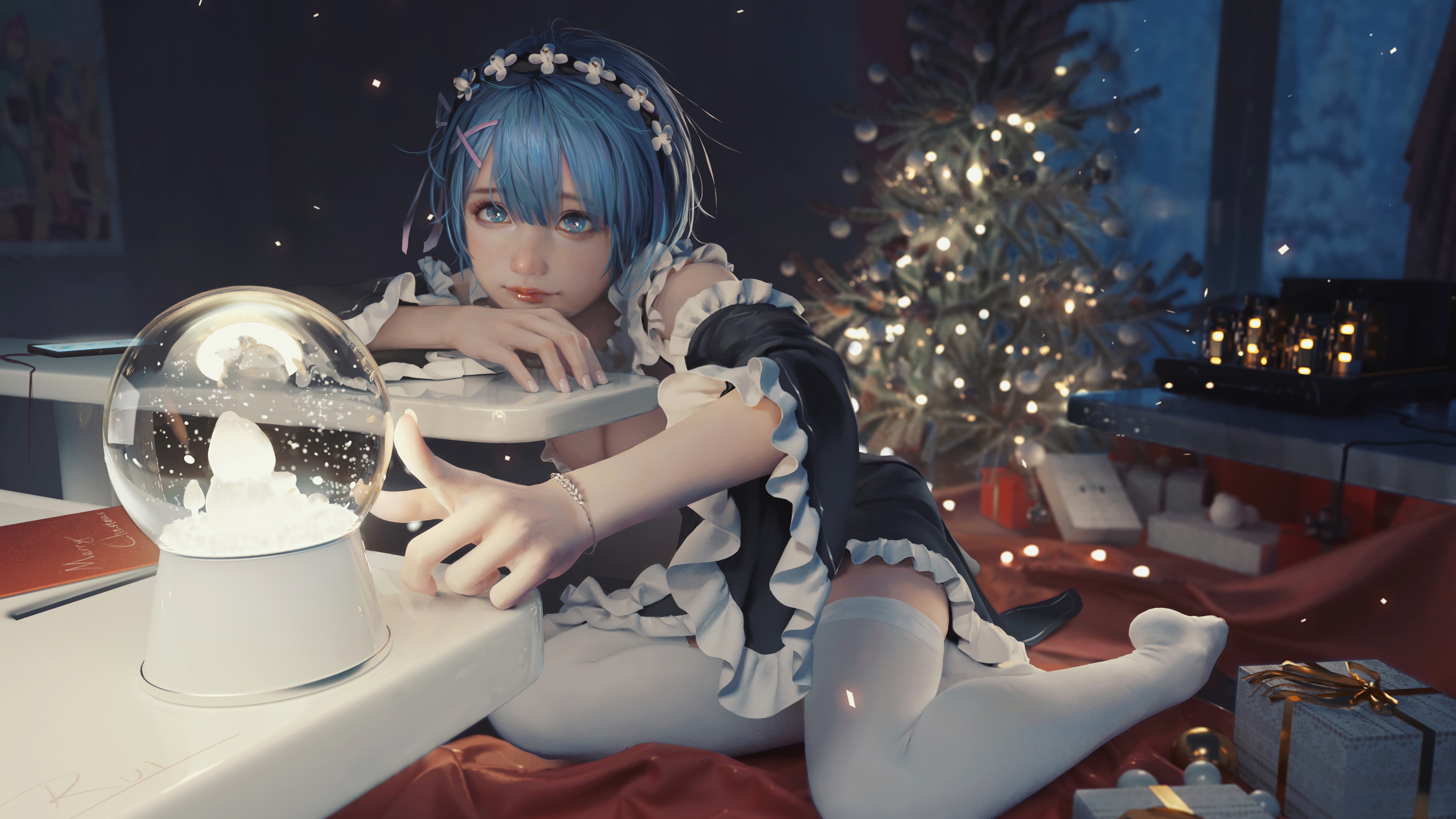 Rem in Maid Outfit with Christmas Tree and Snow Globe 4K HD Wallpaper