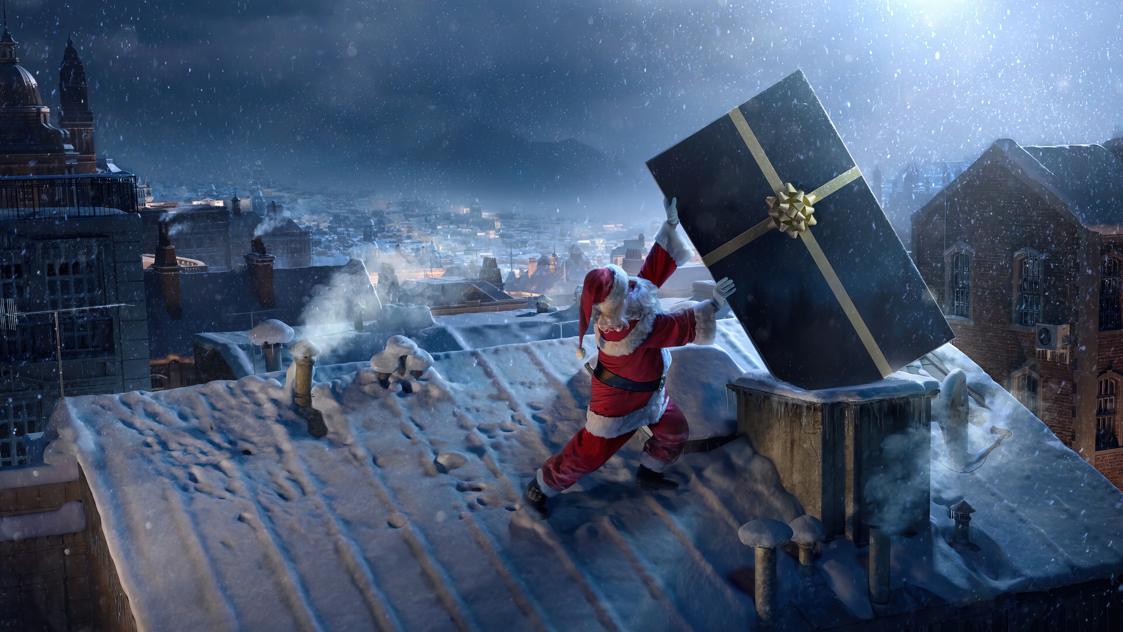 Santa Claus carrying a large gift on a snowy rooftop HD Wallpaper
