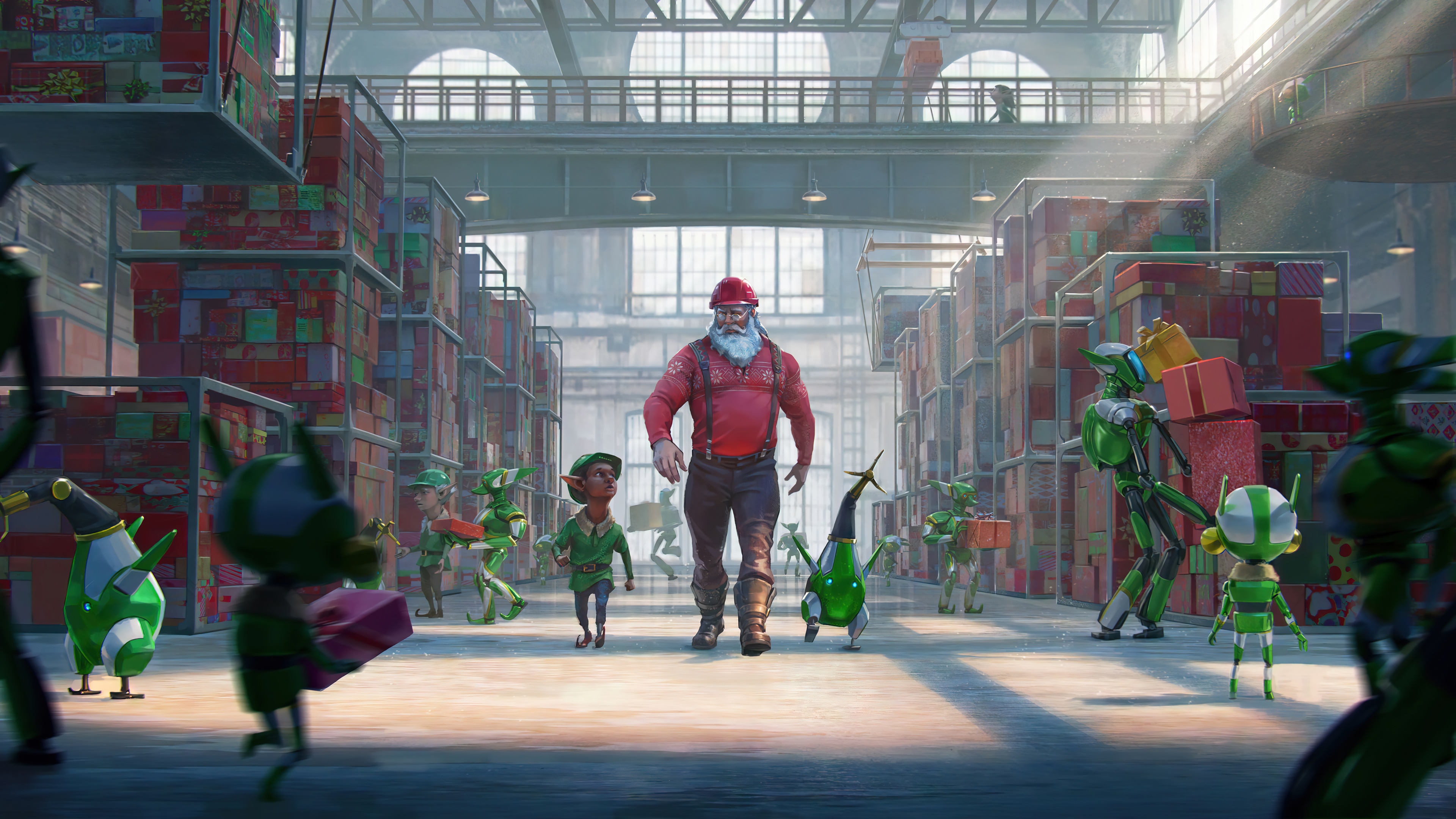 Santa Claus and Elves in a Gift Factory 4K HD Wallpaper