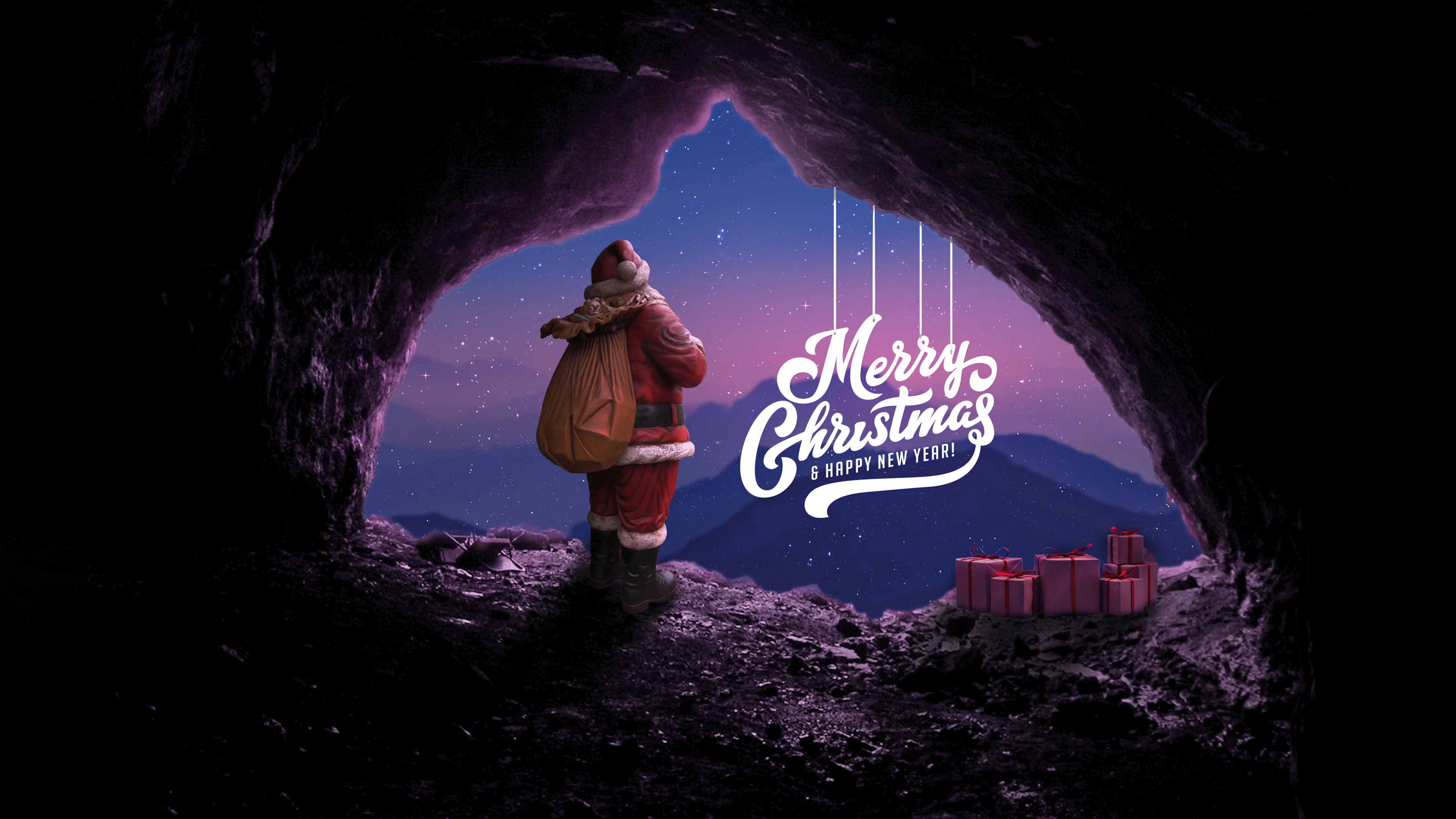 Santa Claus with Gifts in a Cave 4K HD Wallpaper