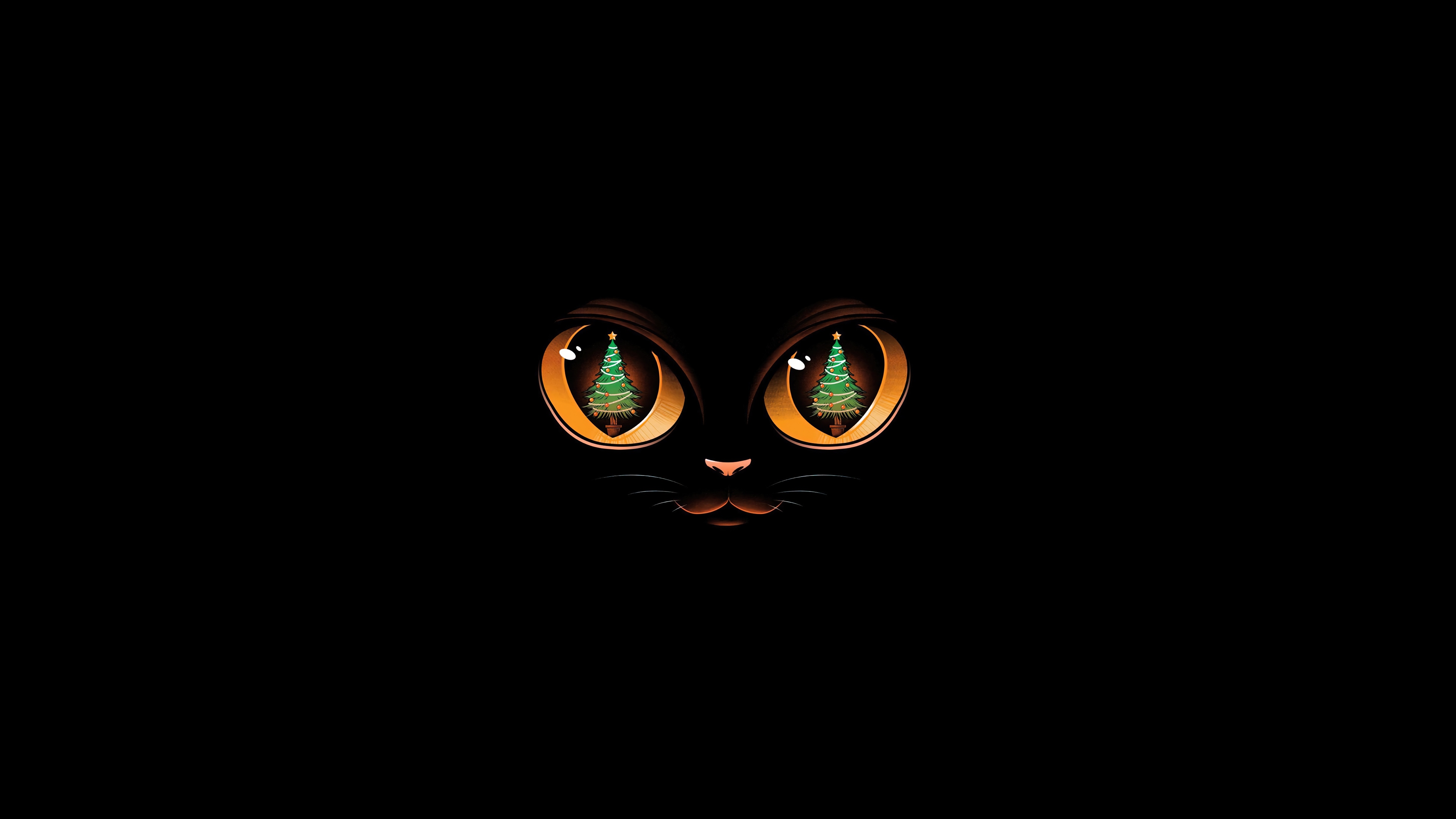 Black Cat with Christmas Tree Eyes 4K HD Wallpaper