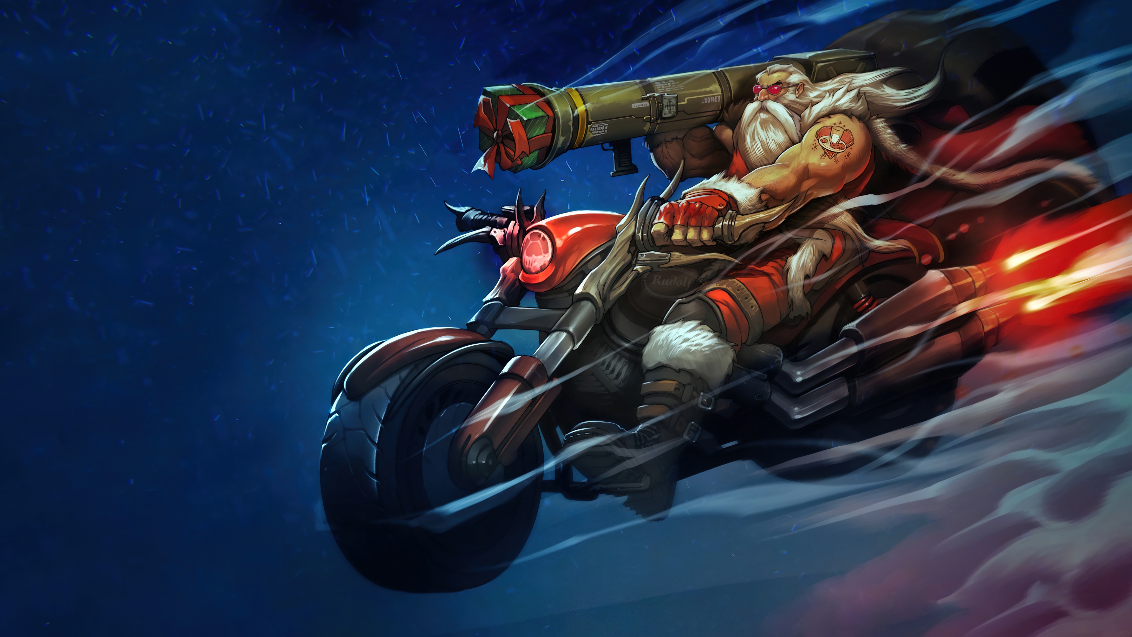 Santa Claus Biker with Rocket Launcher 4K HD Wallpaper