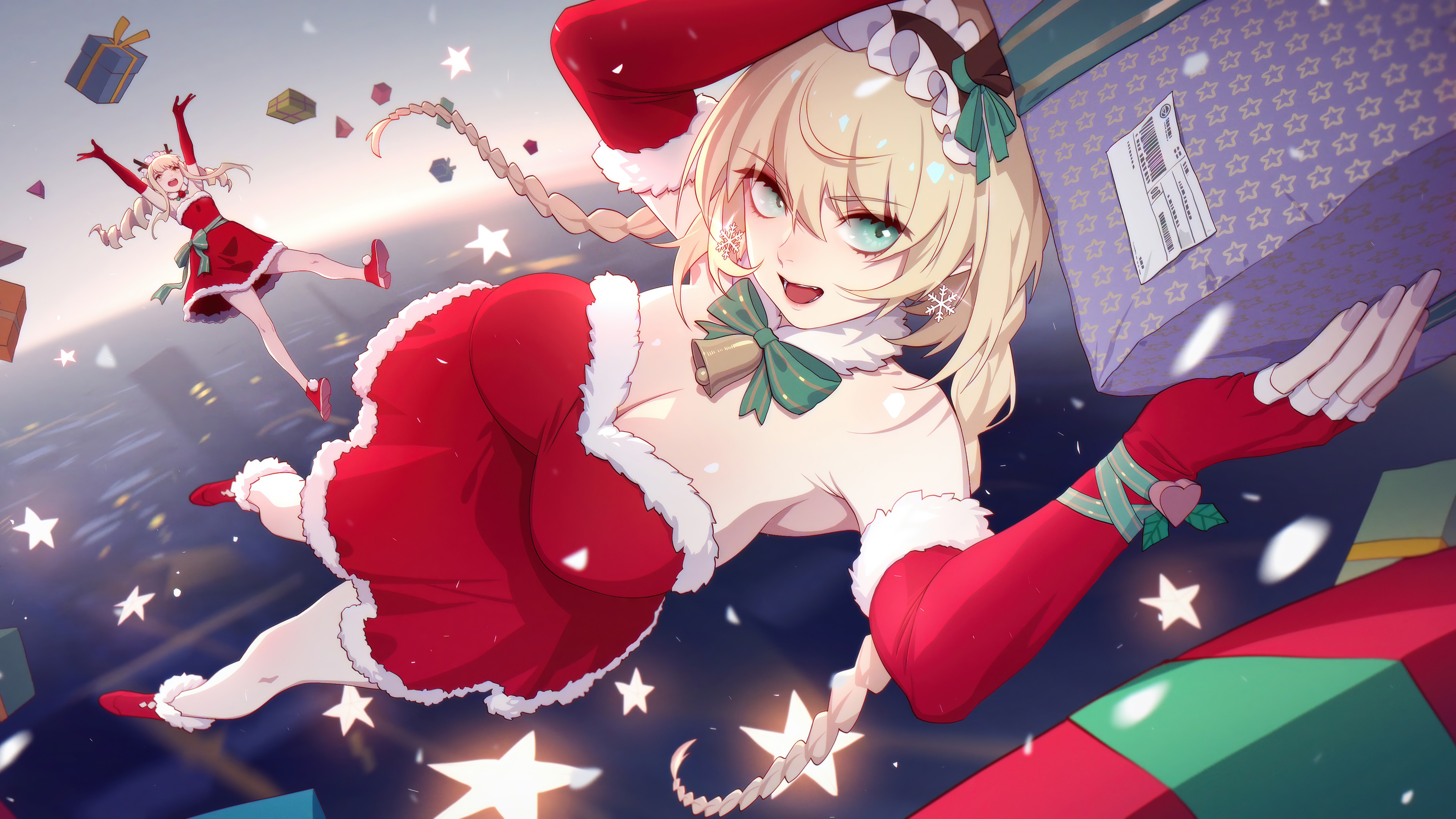 Anime Girls in Santa Outfits with Gifts HD Wallpaper