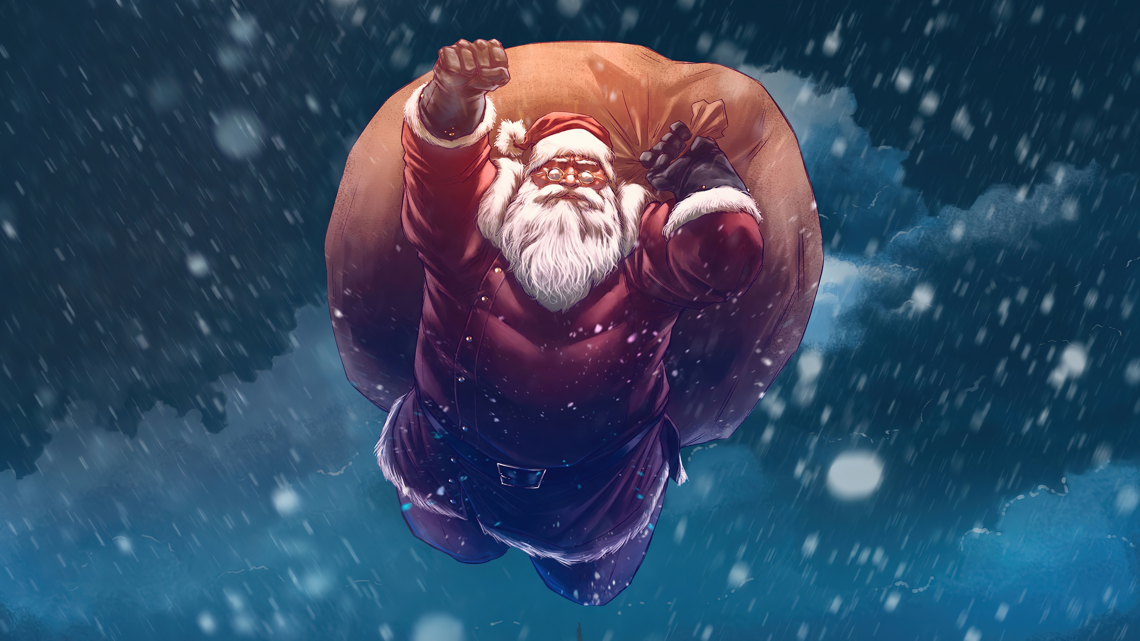 Santa Claus flying with a sack of gifts HD Wallpaper