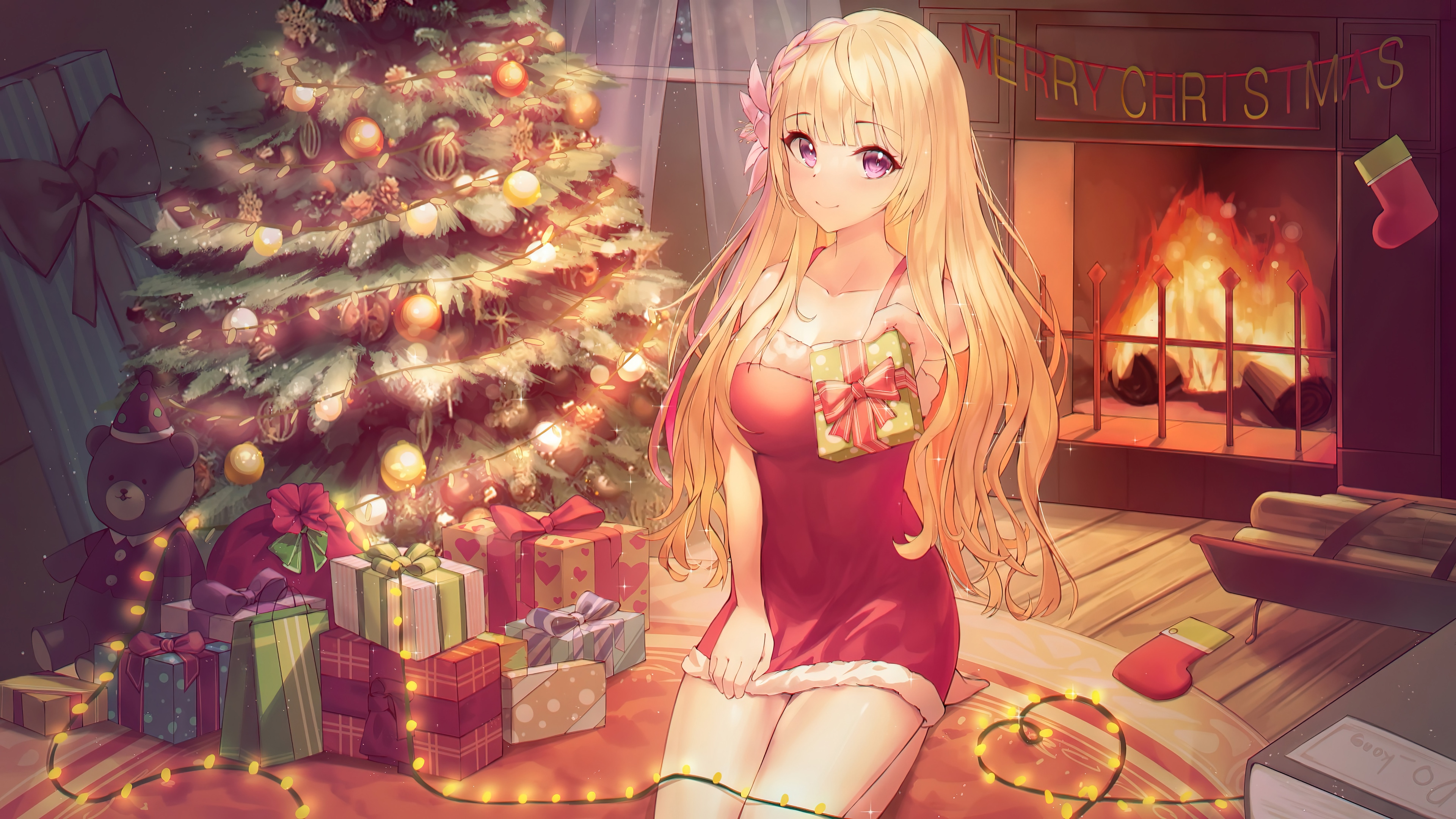 Anime Girl with Christmas Gifts by the Tree HD Wallpaper